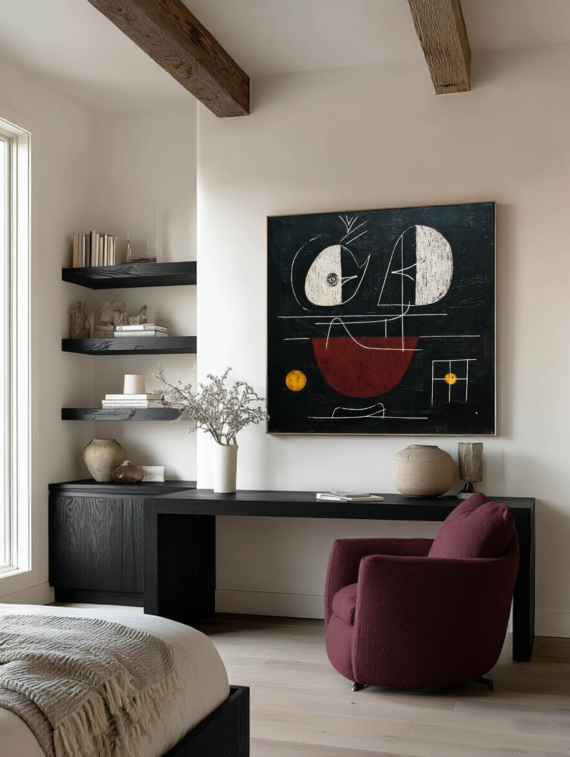 Square Abstract Painting With Red And Black Geometric Shapes