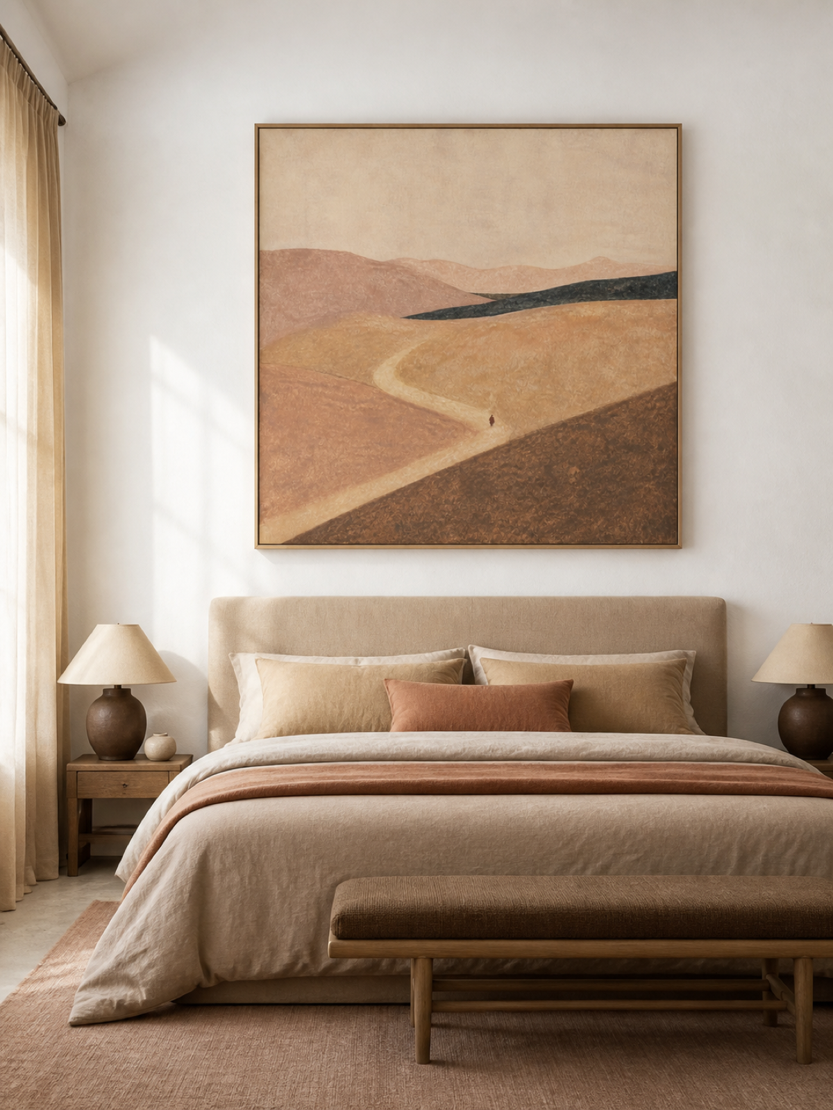 Warm Earth Tone Landscape Oil Painting Minimalist Wall Art For Bedroom