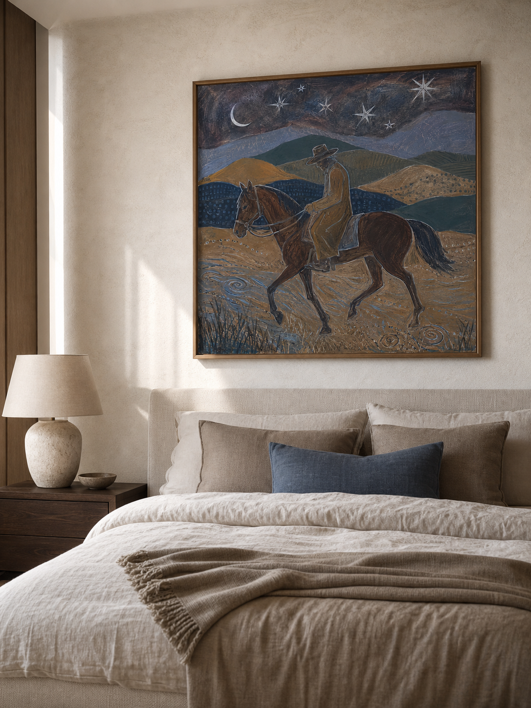 Original Western Cowboy Horse Painting With Moon And Stars For Living Room Decor