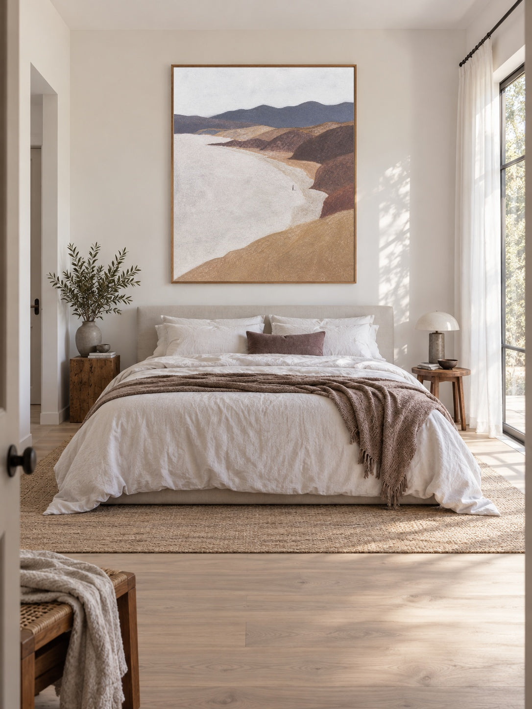 Minimalist Beach Landscape Hand-Painted Canvas Art With Solitary Figure In Earth Tones