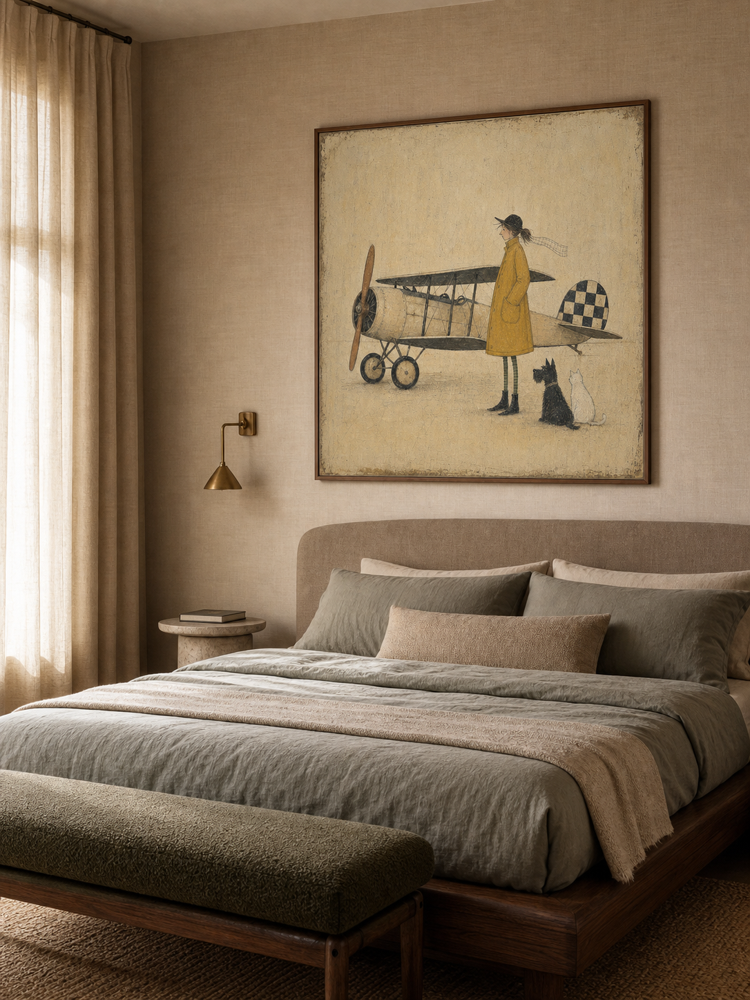 Vintage Airplane Painting With Girl And Pets Classic Aviation Art For Kids Room Decor