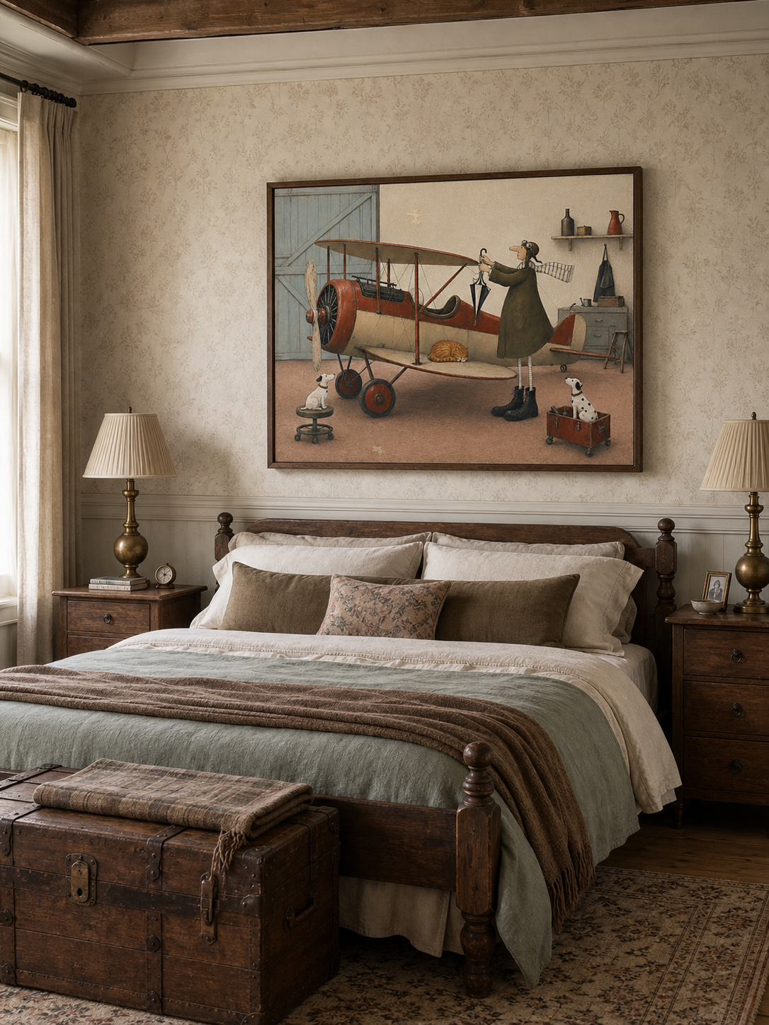 Whimsical Pilot Painting With Pets In Rustic Hangar Scene For Living Room