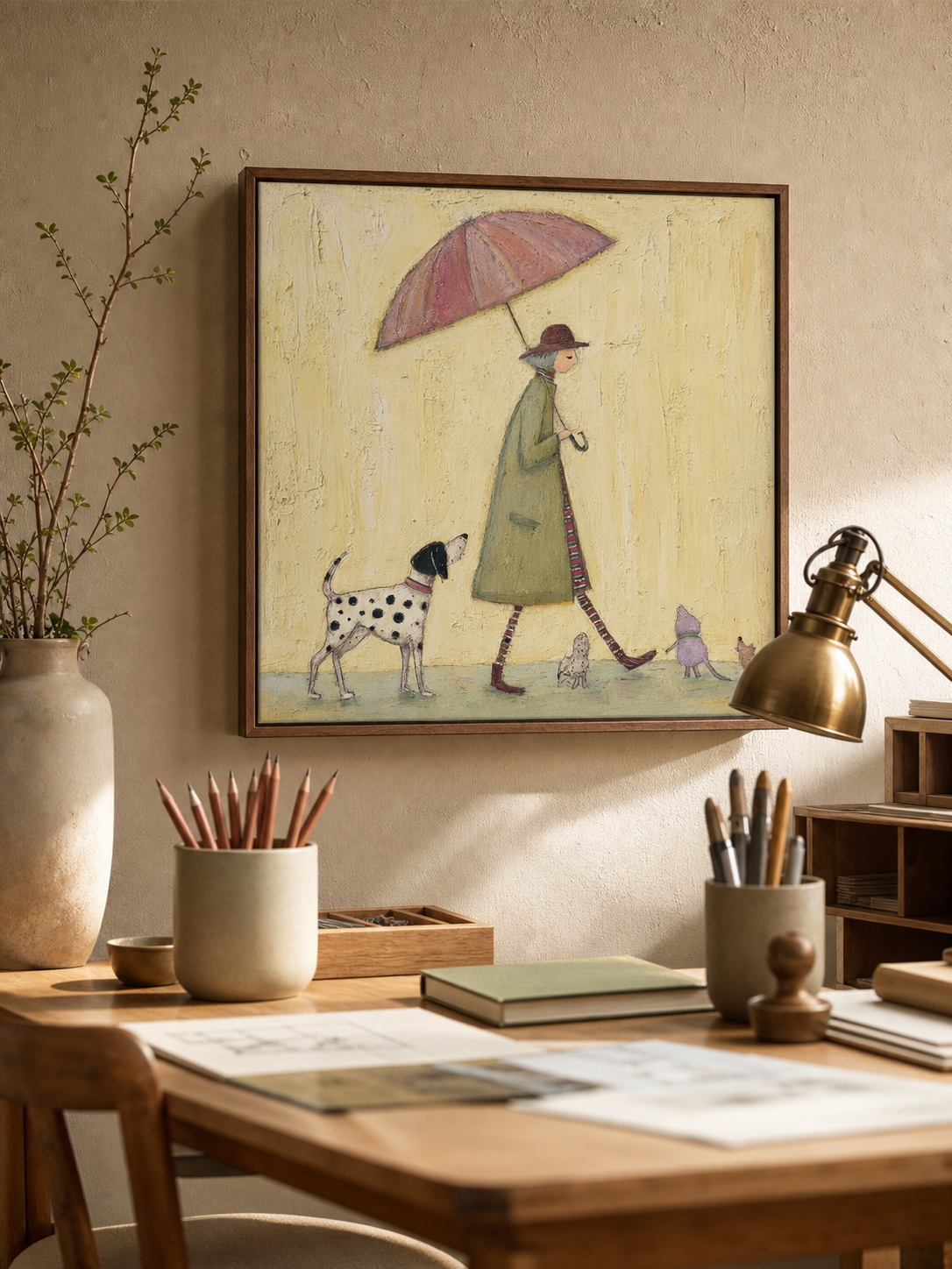 Vintage Dog Painting With Lady And Umbrella For Cozy Home Decor