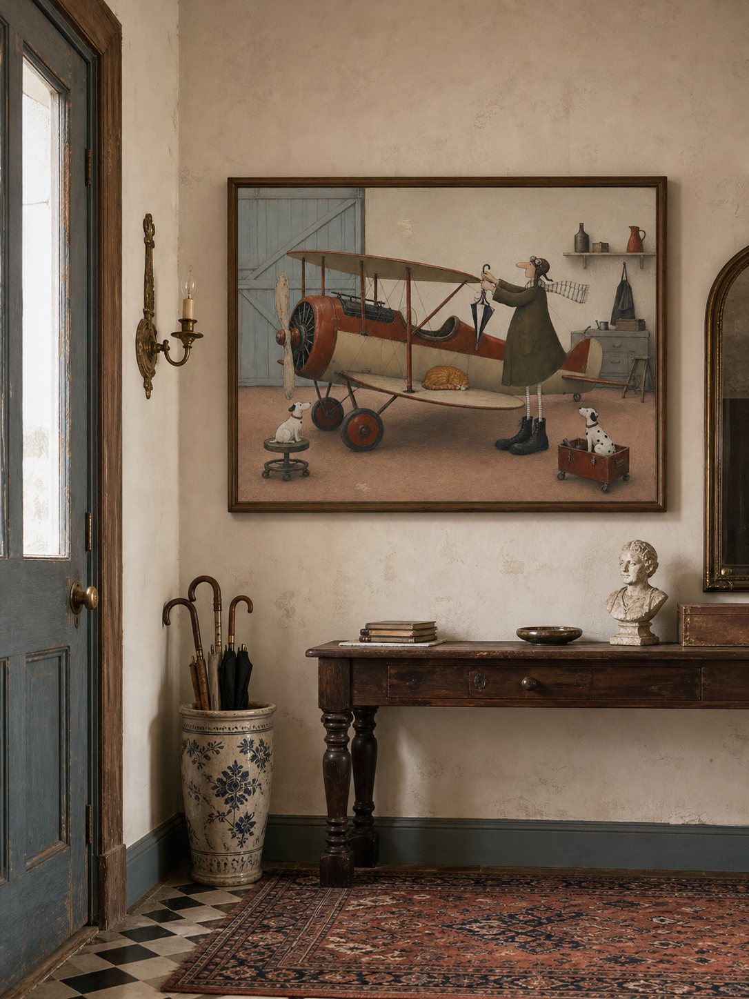 Whimsical Pilot Painting With Pets In Rustic Hangar Scene For Living Room