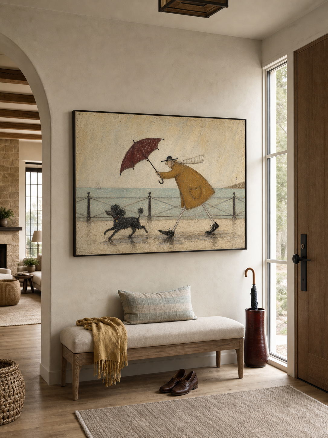 Whimsical Seaside Walk Painting With Dog For Coastal Home Decor