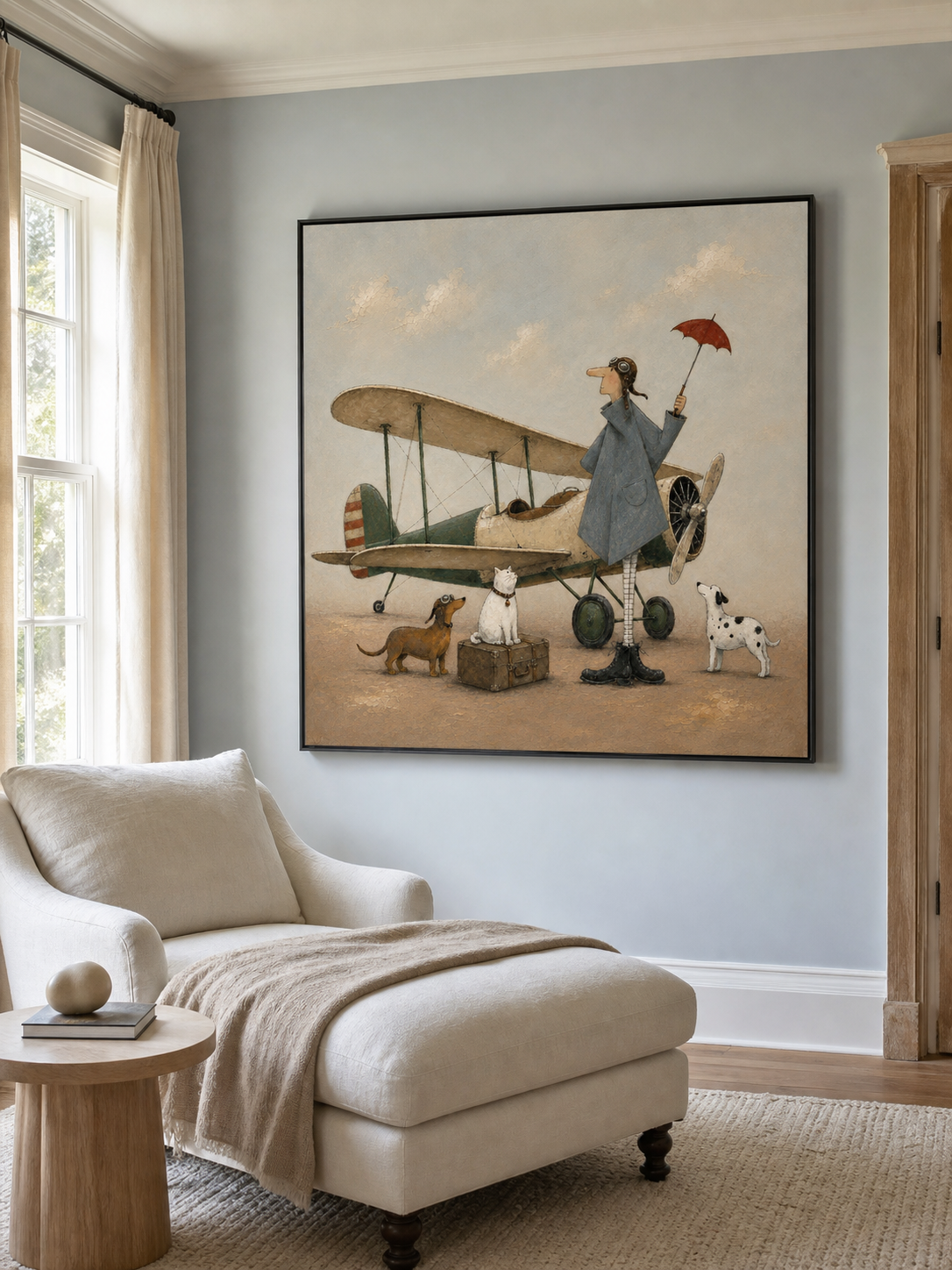 Minimalist Vintage Airplane Canvas Painting Handmade Retro Pilot With Dogs Art