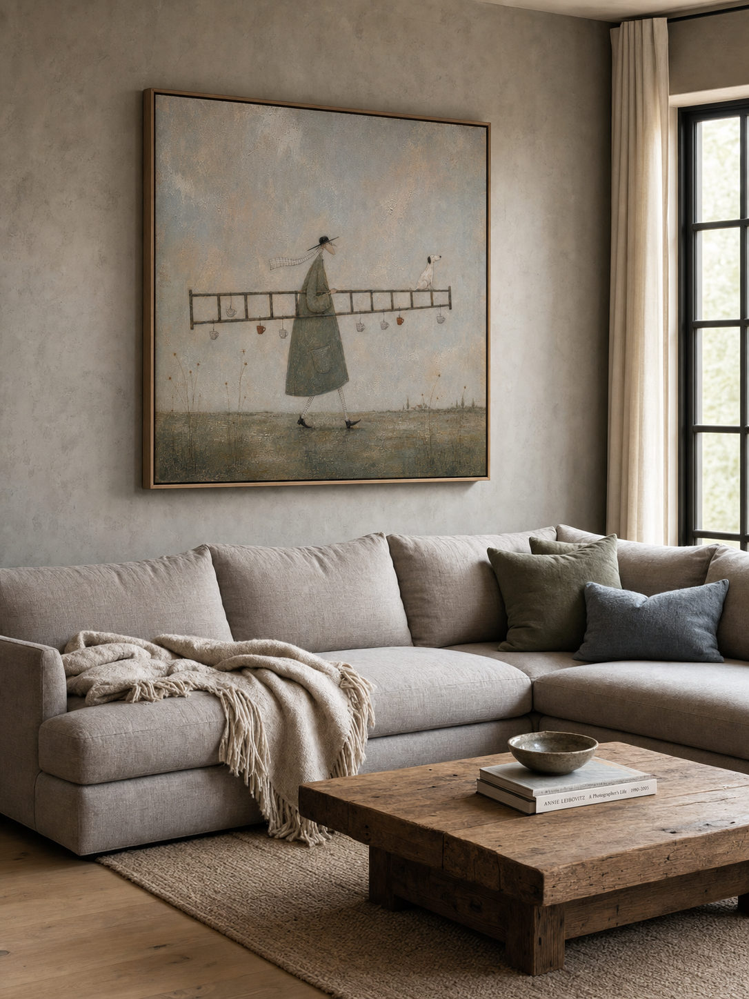 Original Man With Ladder Oil Painting Handmade Whimsical Wall Art For Living Room