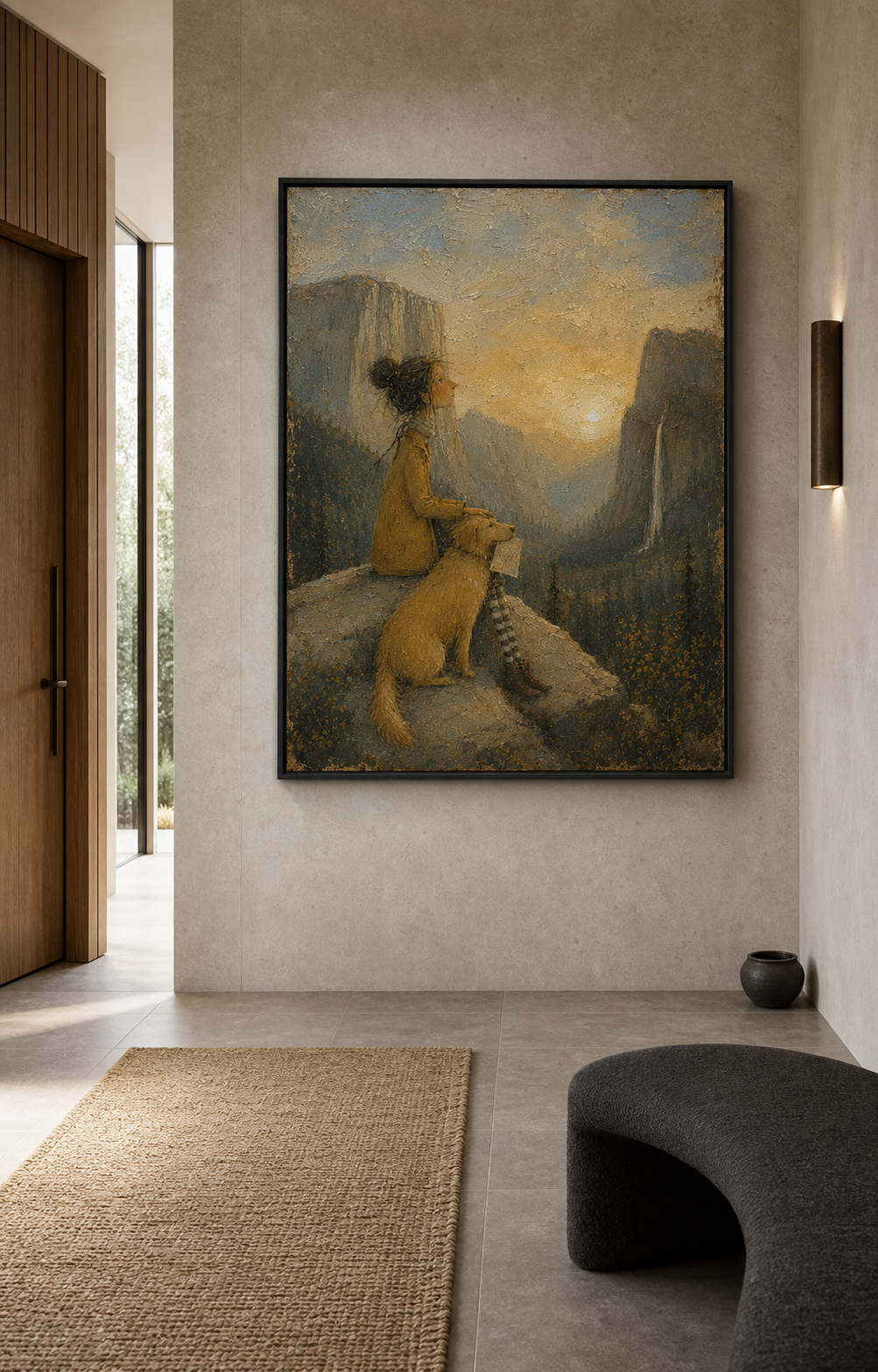 Vintage Yosemite Inspired Painting With Girl Dog And Mountain Valley