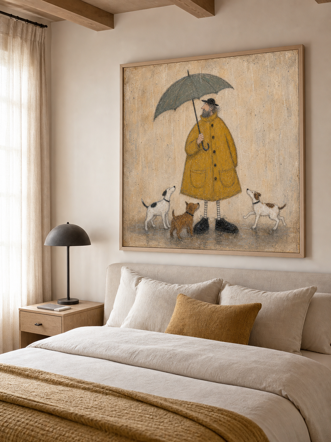 Whimsical Man With Dogs Under Umbrella Vintage Oil Painting For Cozy Home Decor