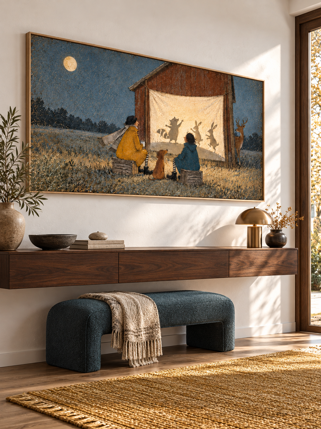 Storybook Style Hand Painted Canvas Of Moonlight Shadow Play And Nature