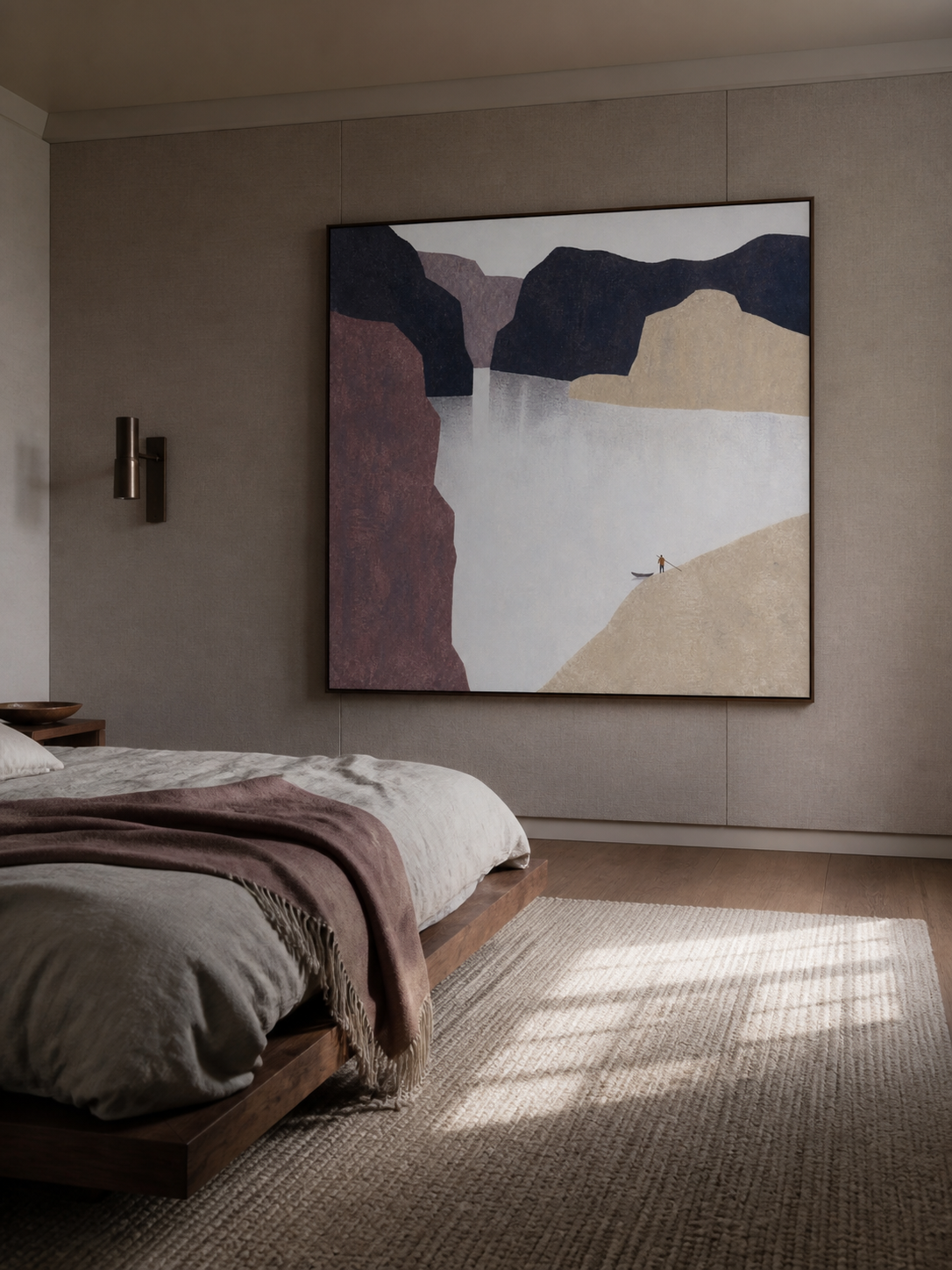 Hand Painted Minimalist Abstract Figure Fjord Landscape Large Wall Art