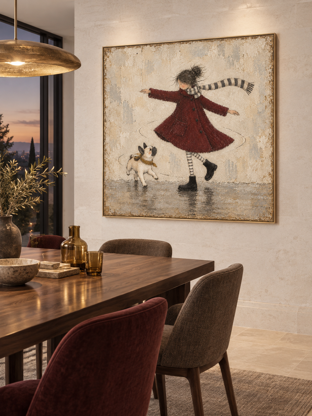 Girl And French Bulldog Dancing Canvas Painting Hand-Painted Wall Art