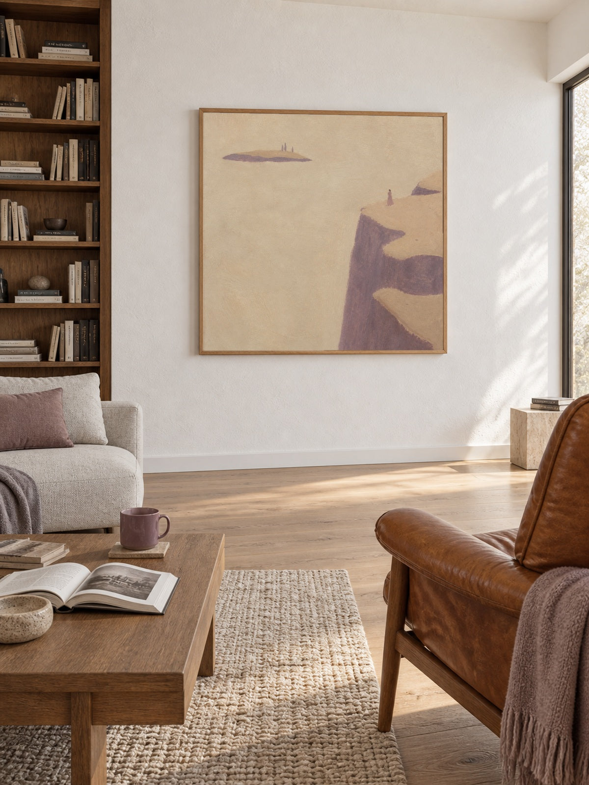 Soft Mauve Cliffside Canvas Art With Lone Figure For Romantic Bedroom Decor