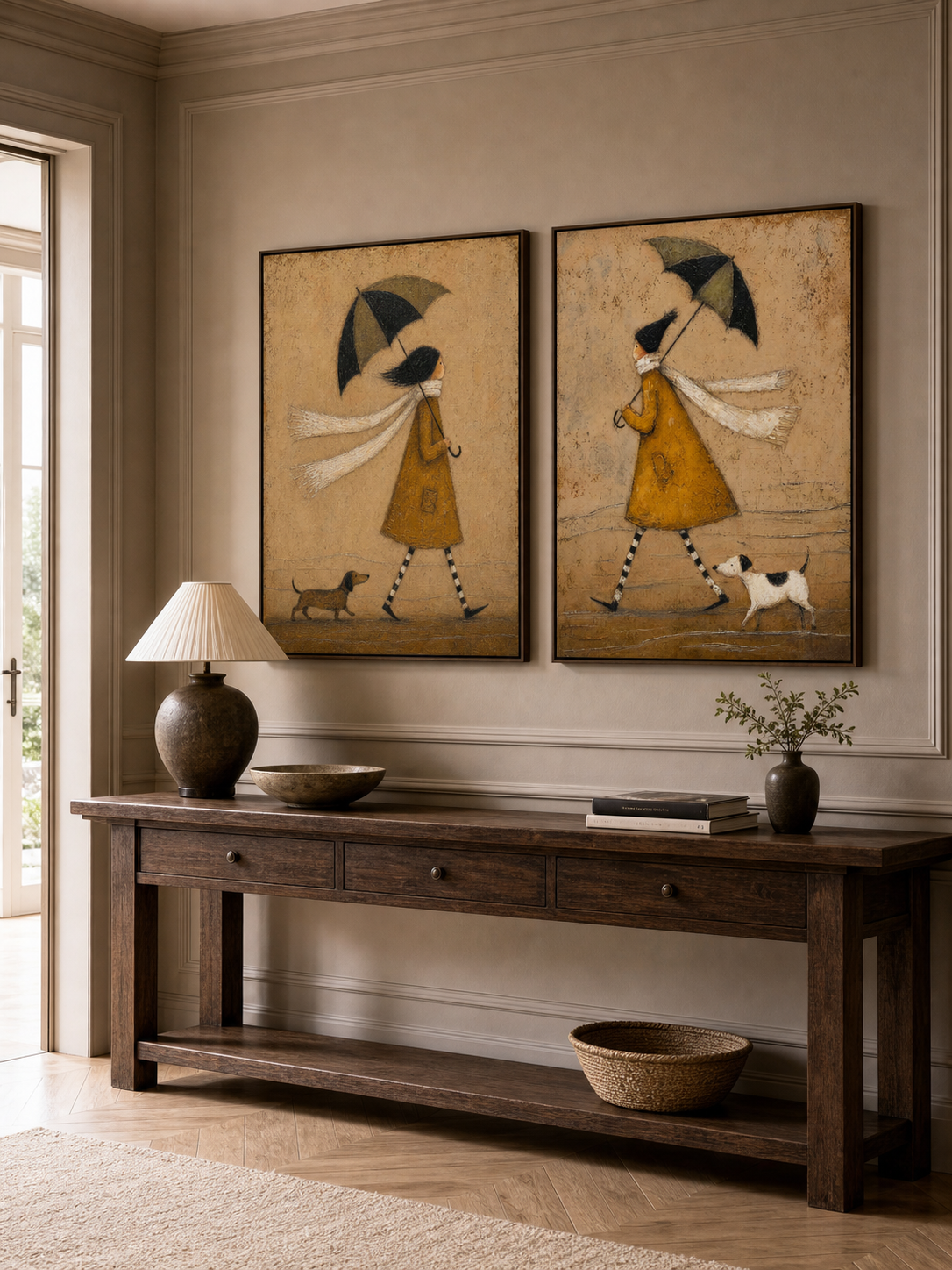 Whimsical Yellow Raincoat Painting With Dog And Umbrella For Modern Entryway Decor