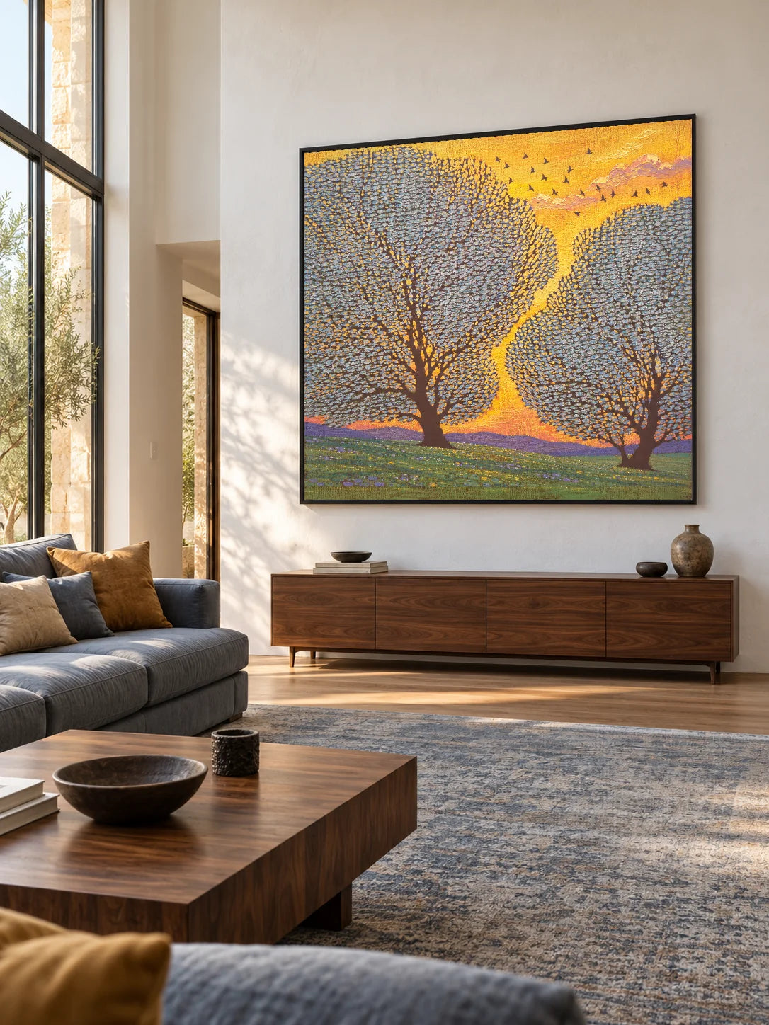 Contemporary Golden Sunset Artwork Large Tree Landscape Art For Modern Home