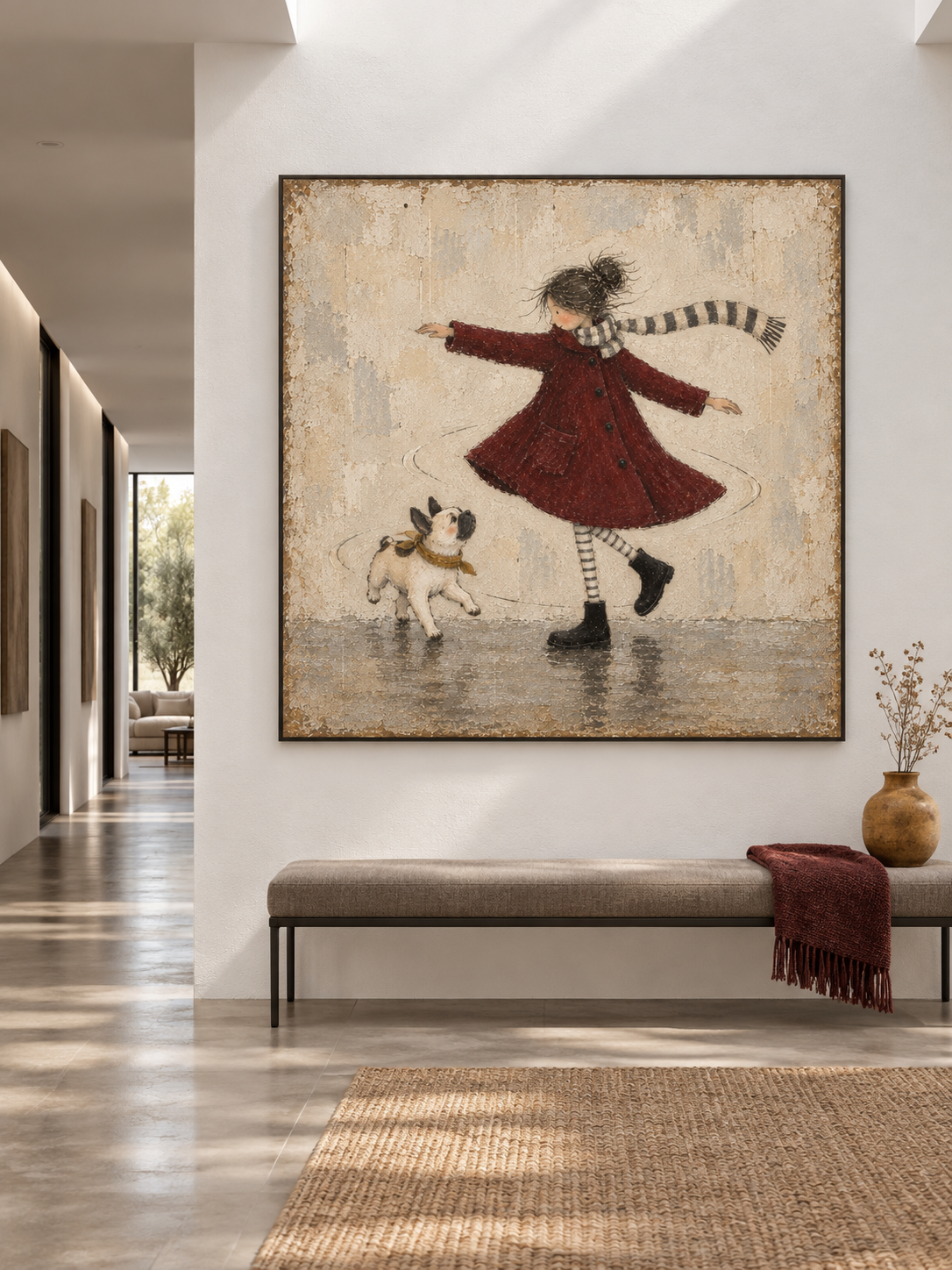 Girl And French Bulldog Dancing Canvas Painting Hand-Painted Wall Art