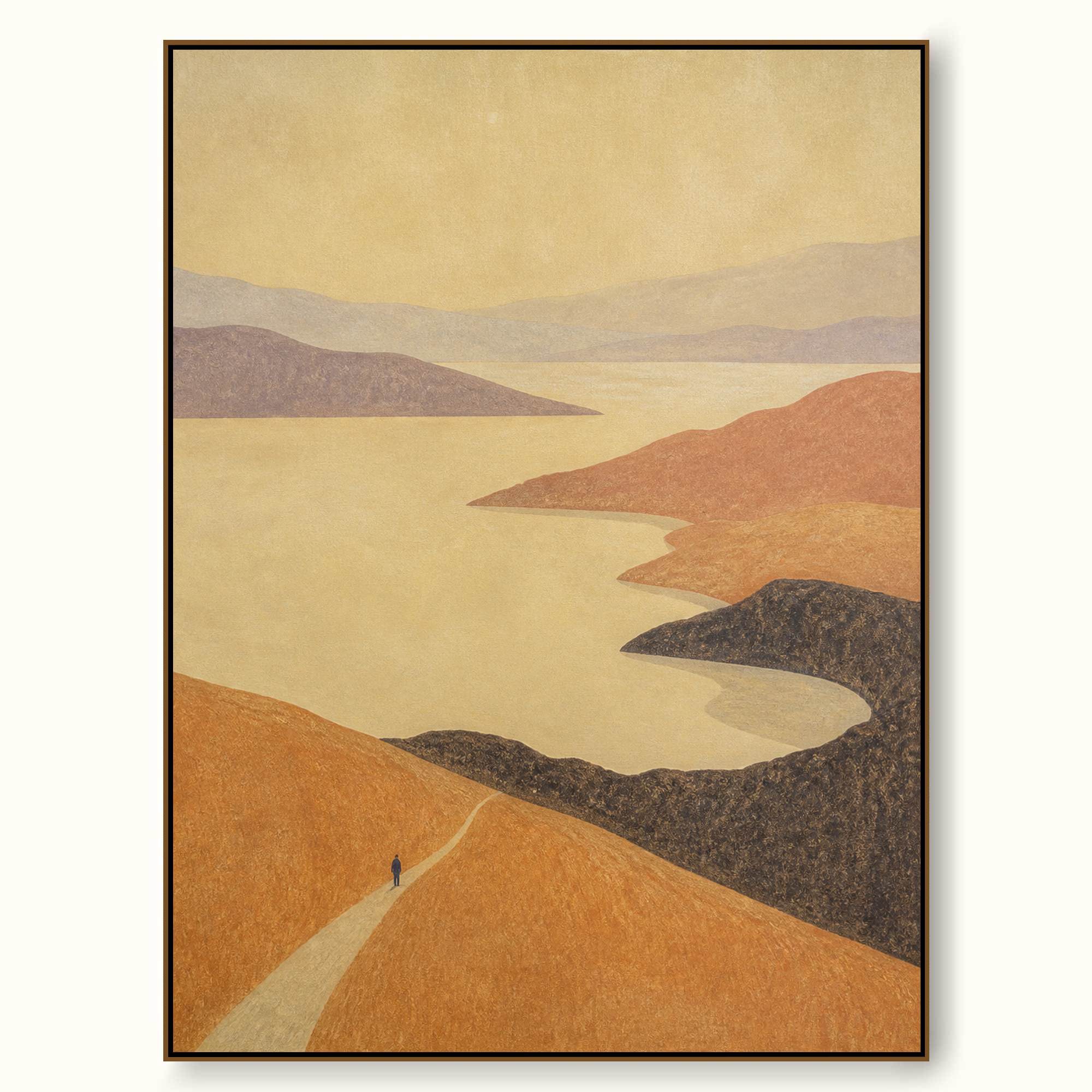Abstract Lake Landscape Canvas Painting With Solitary Figure In Beige And Brown