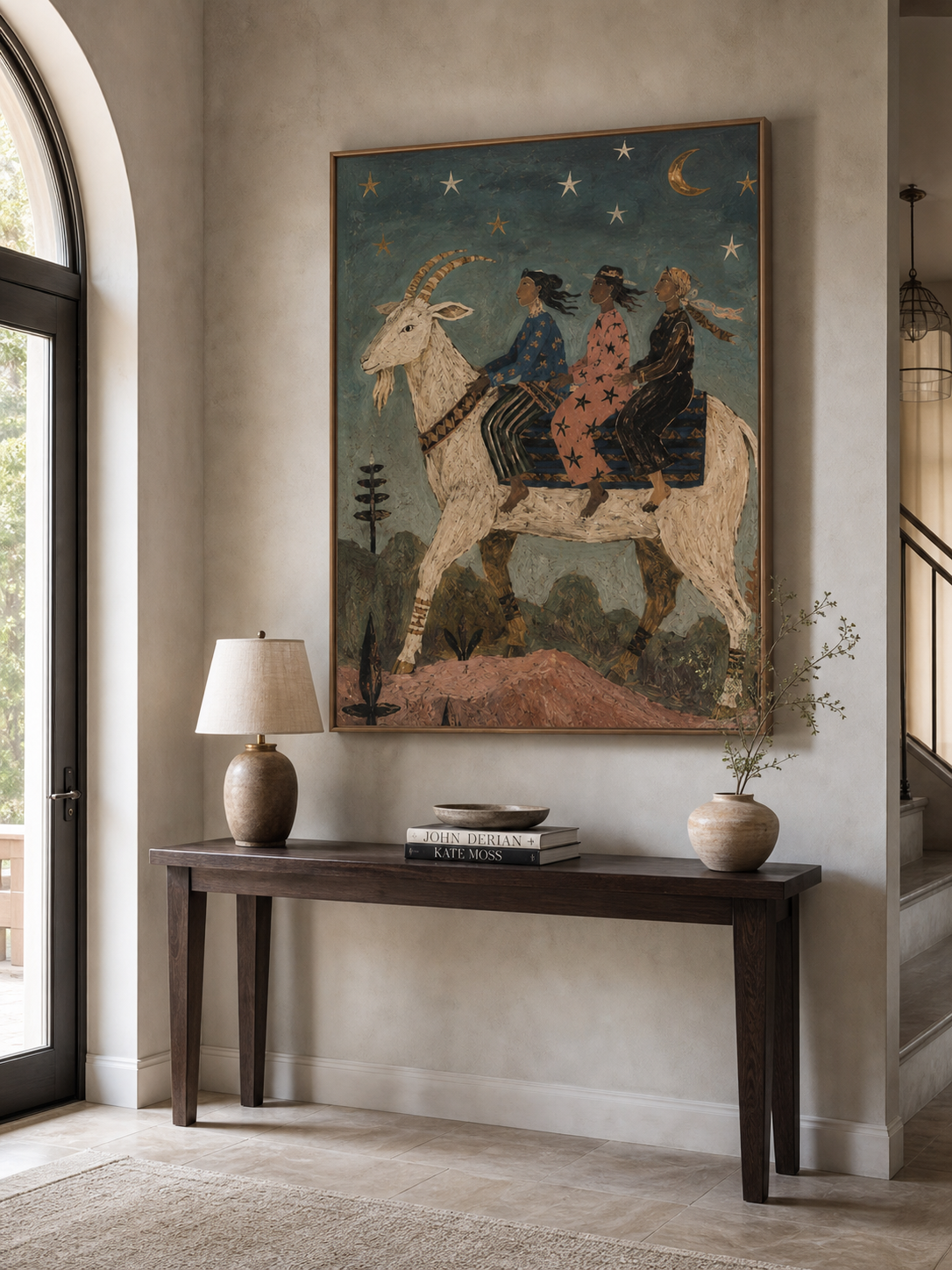 Hand Painted Bohemian Folk Art With Mythical Goat And Stars For Living Room Wall