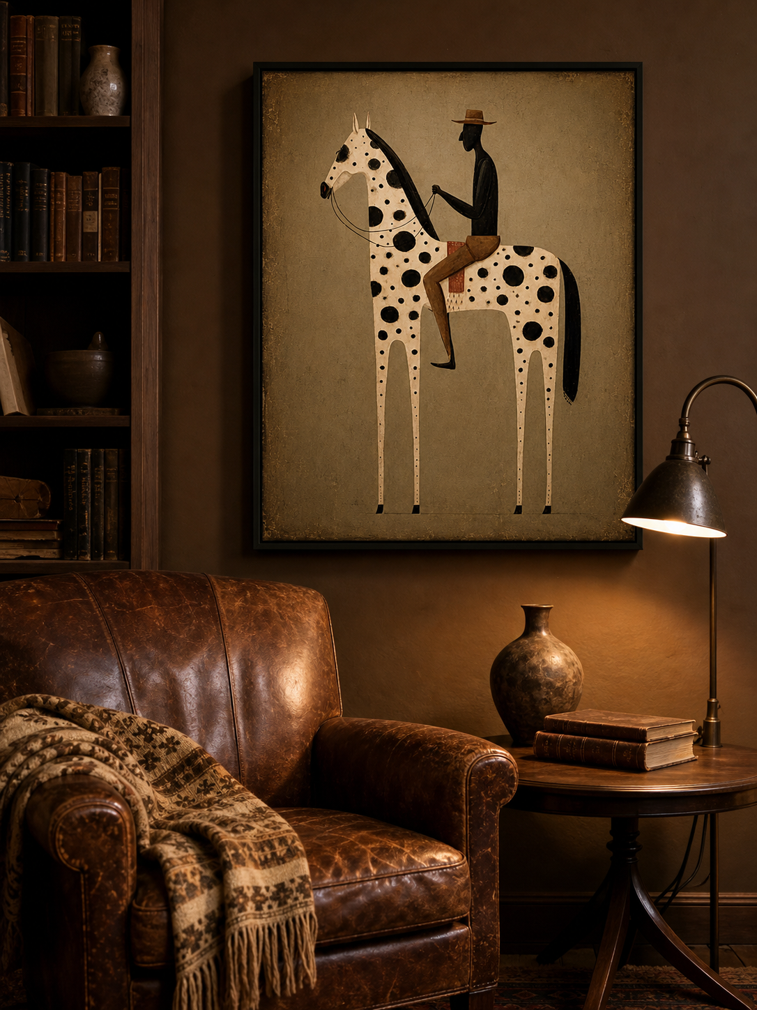 Vintage Modern Horse And Rider Painting For Living Room Decor With Earthy Tones