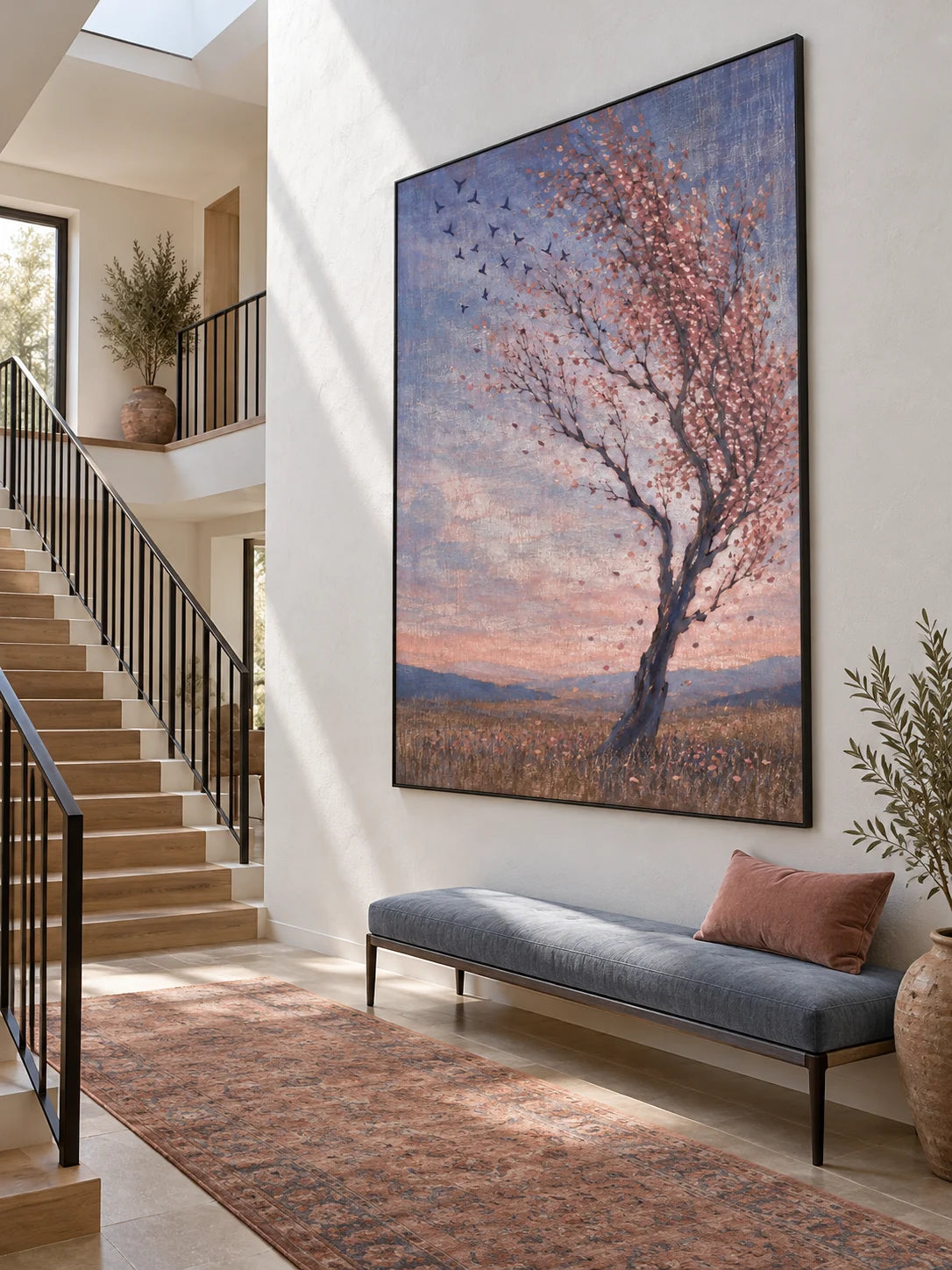 Large Fall Landscape Wall Art Contemporary Tree And Birds Painting For Home