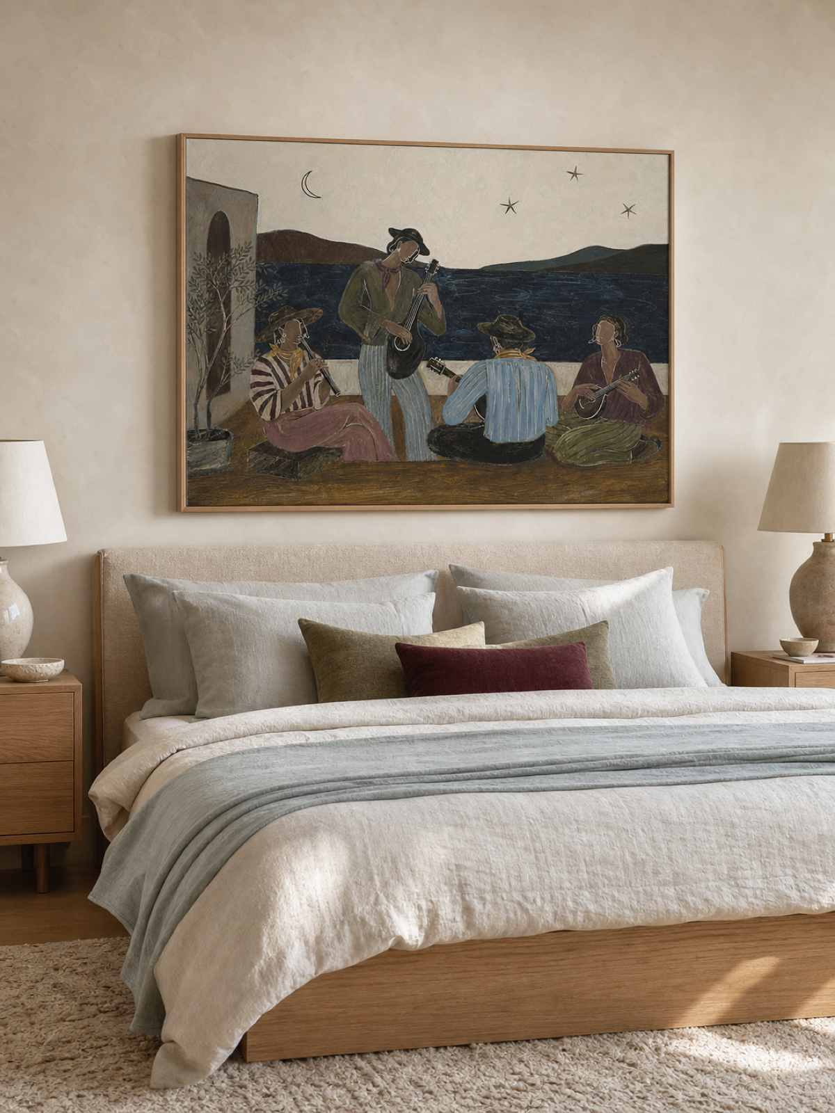 Original Hand Painted Mediterranean Folk Music Painting Vintage Figurative Wall Art