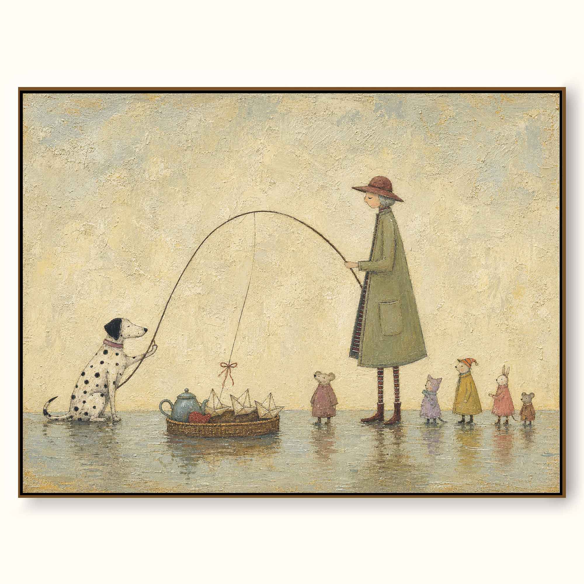 Whimsical Dog And Paper Boats Canvas Art Storybook Family Vintage Wall Decor