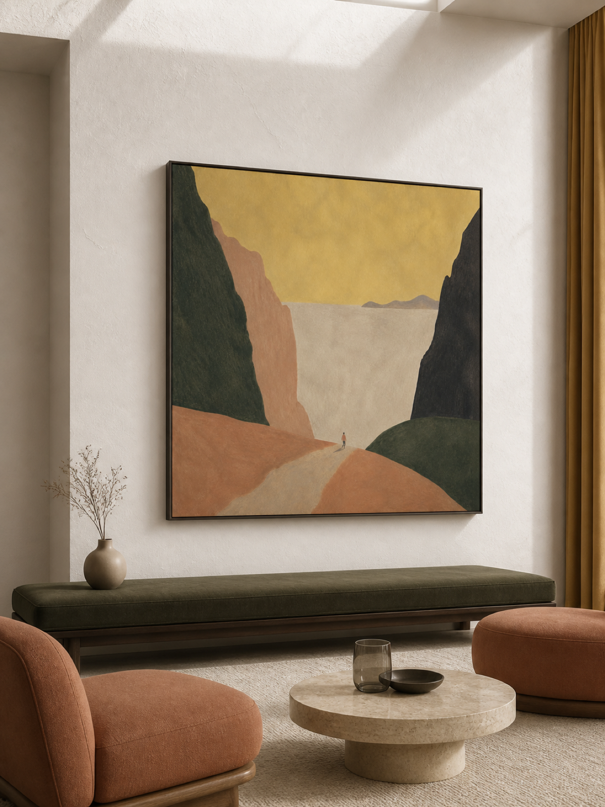 Golden Sky And Dark Green Cliffs With A Lone Wanderer Contemporary Oil Painting