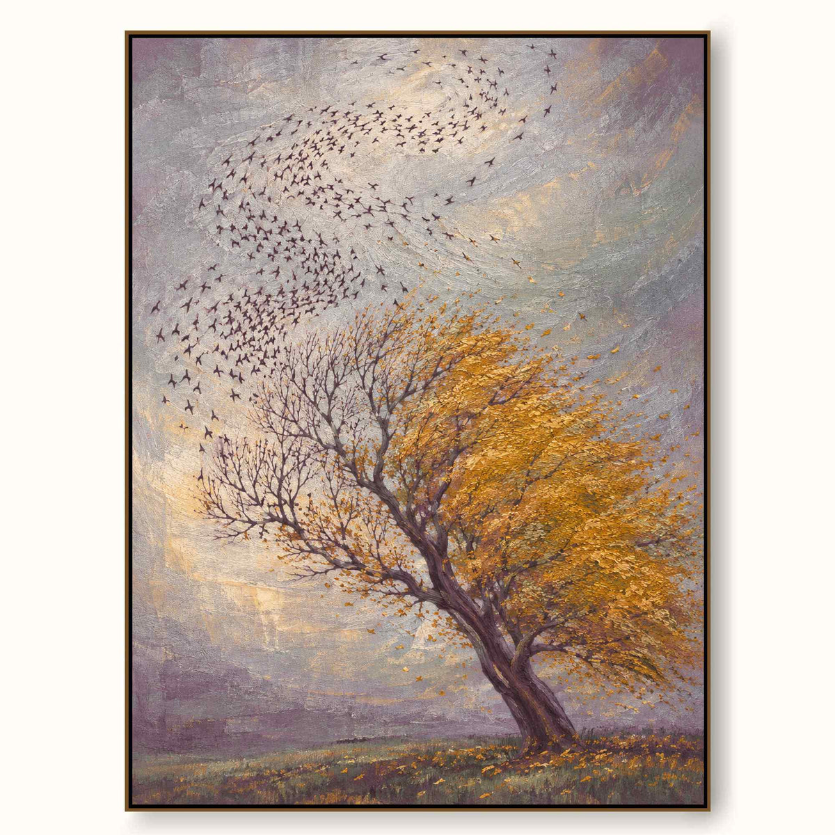 Vintage Golden Autumn Tree Painting Large Textured Bird And Nature Landscape Artwork