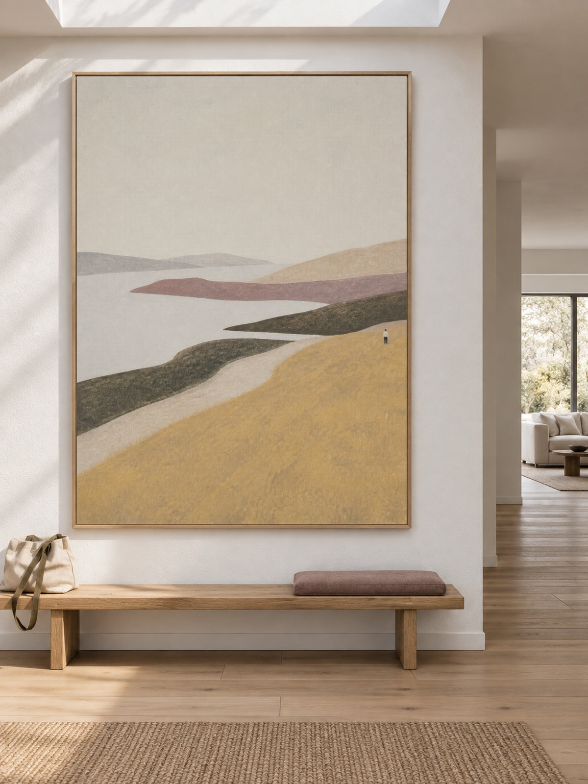 Large Golden Lakeside Canvas Art With Lone Figure For Living Room Decor