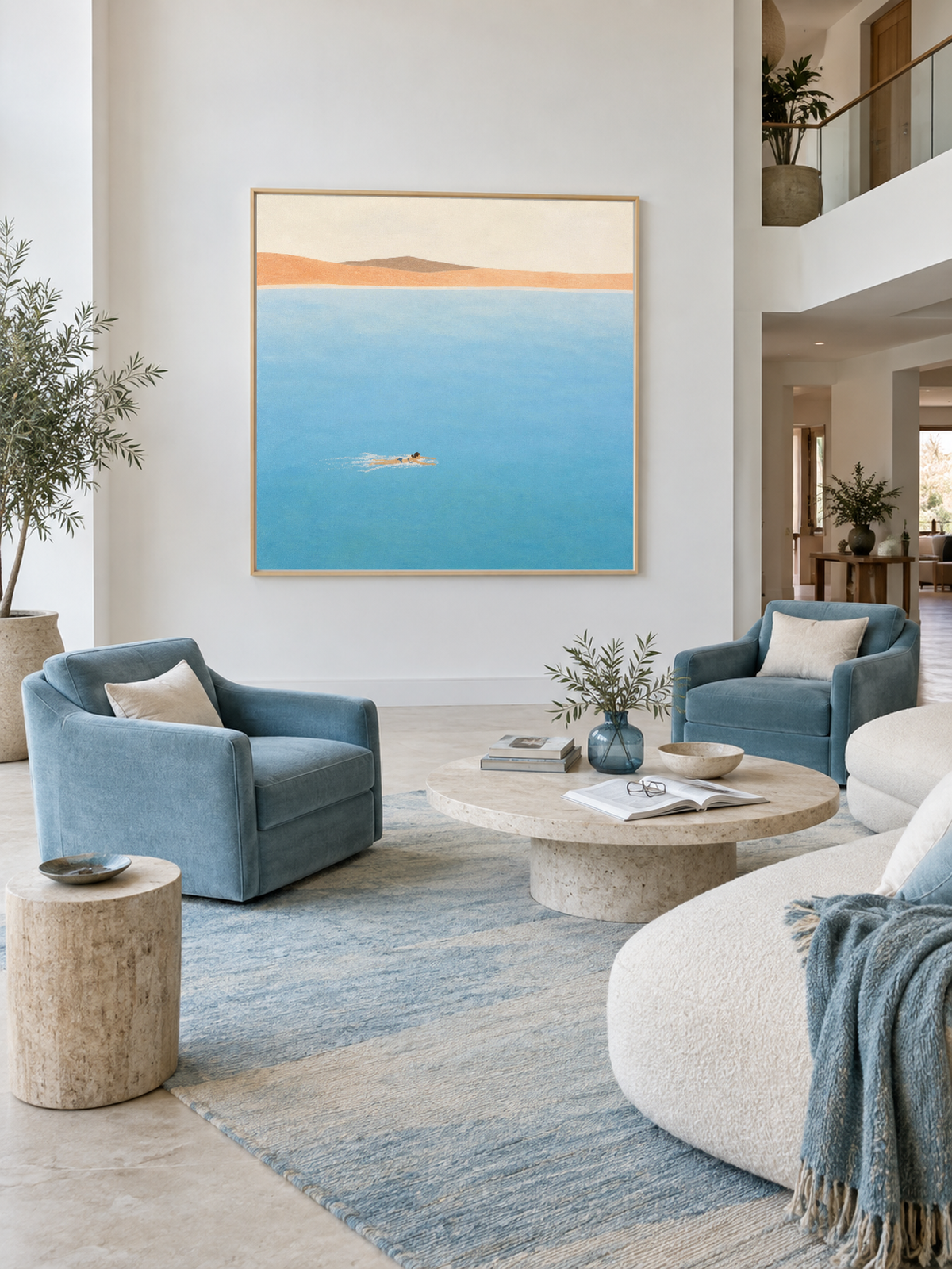 Woman Swimming In Blue Sea Hand-Painted Canvas Art With Distant Shore