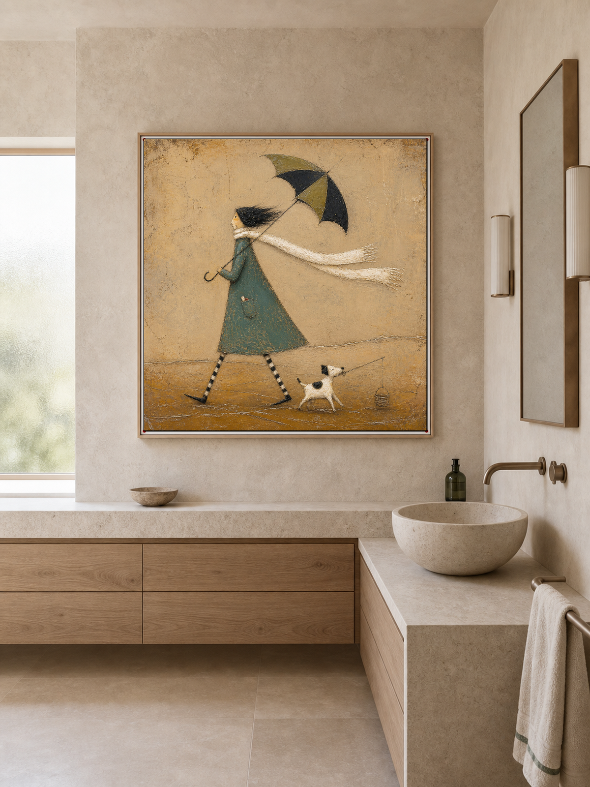 Original Hand Painted Umbrella Dog Fishing Painting Whimsical Storybook Wall Art