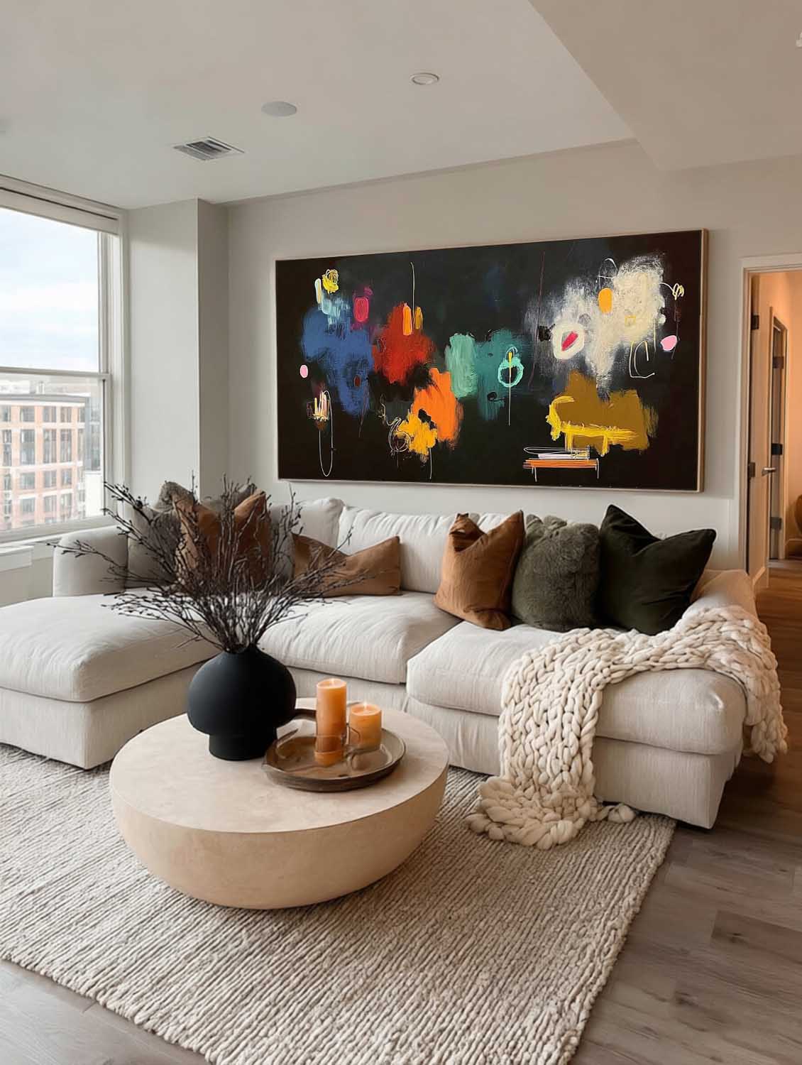 Large Horizontal Abstract Oil Painting With Vibrant Colors For Modern Living Room