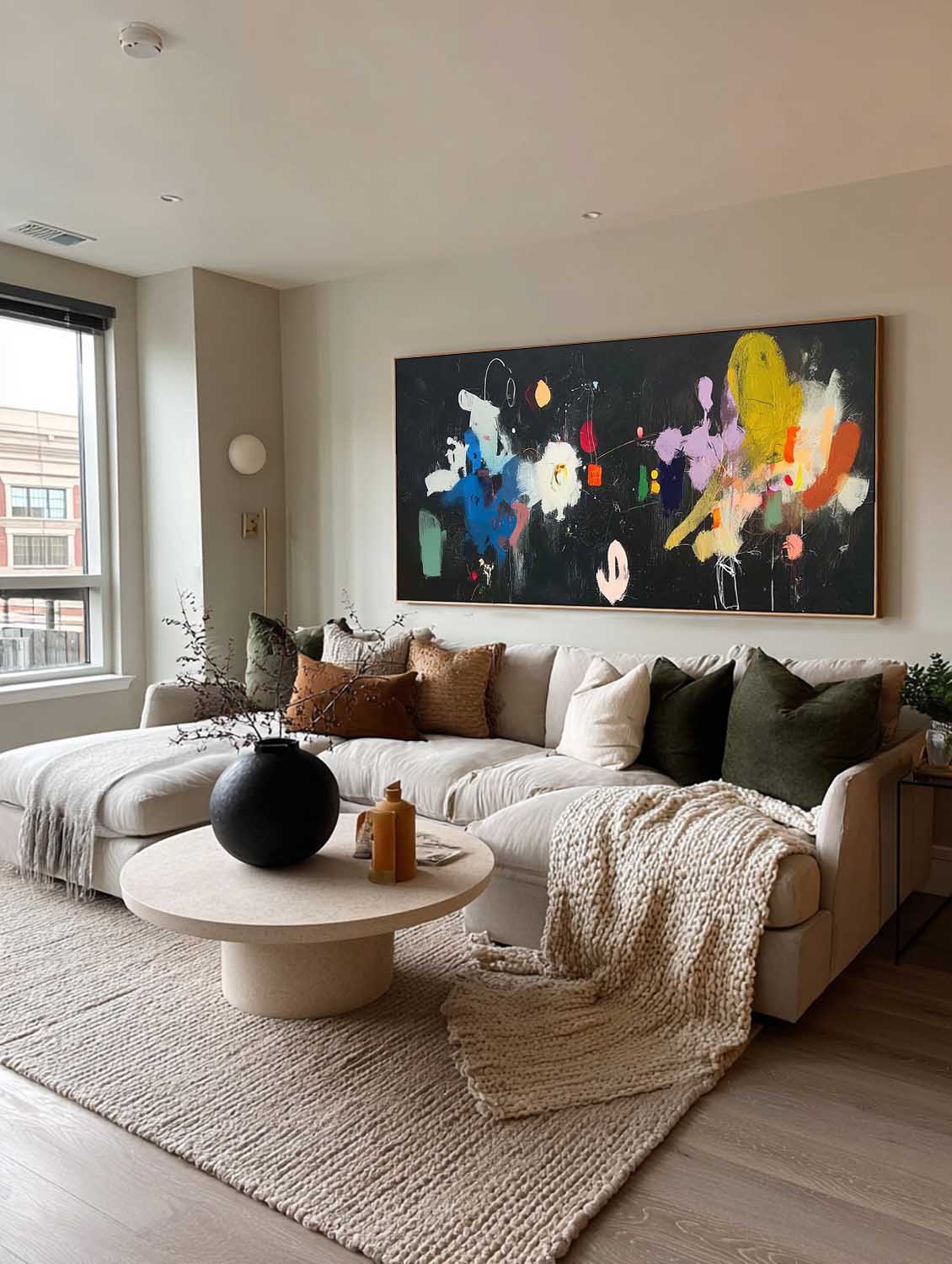 Large Horizontal Abstract Painting With Vibrant Colors On Black Canvas