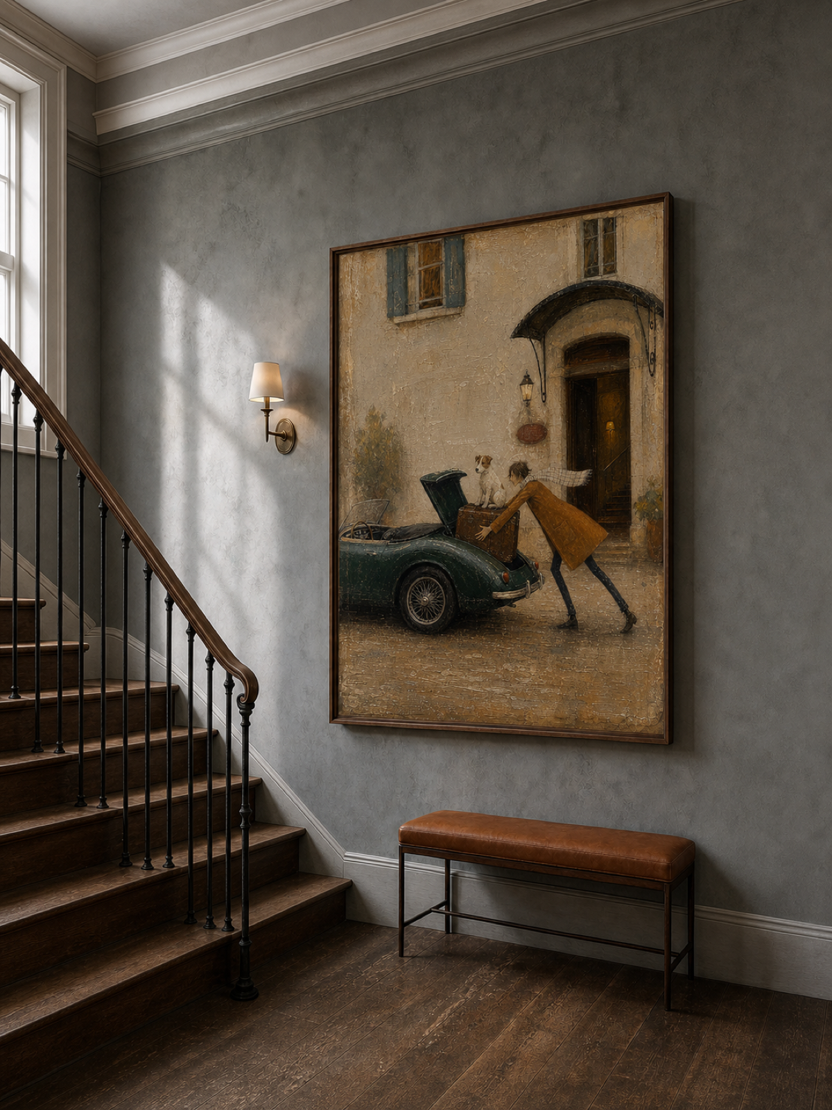 Vintage Pet Art Painting With Classic Car For Home Decor