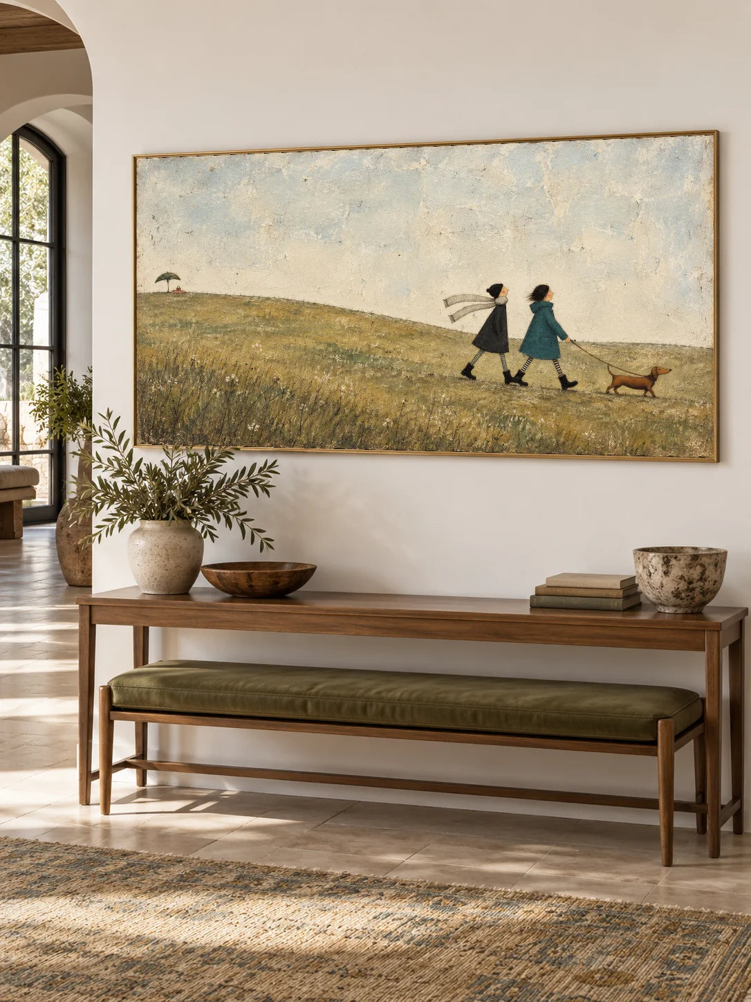Whimsical Friends Walking Wall Art Hand Painted Girl And Dachshund Painting