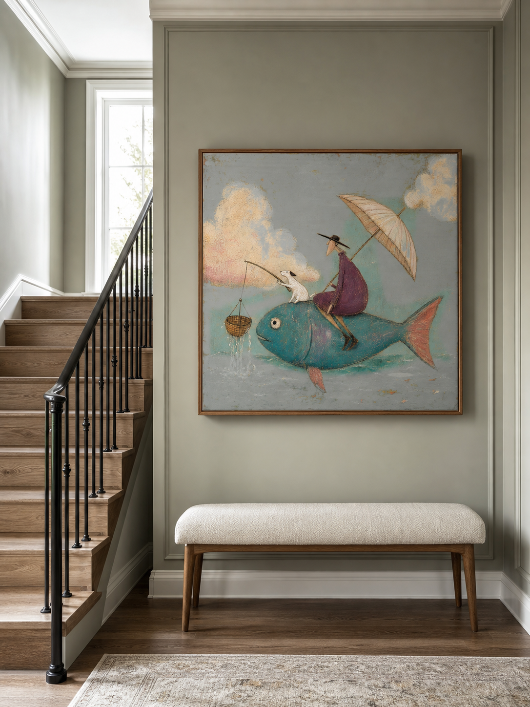 Whimsical Fish Riding Painting With Dog Vintage Surreal Wall Art For Living Room Decor