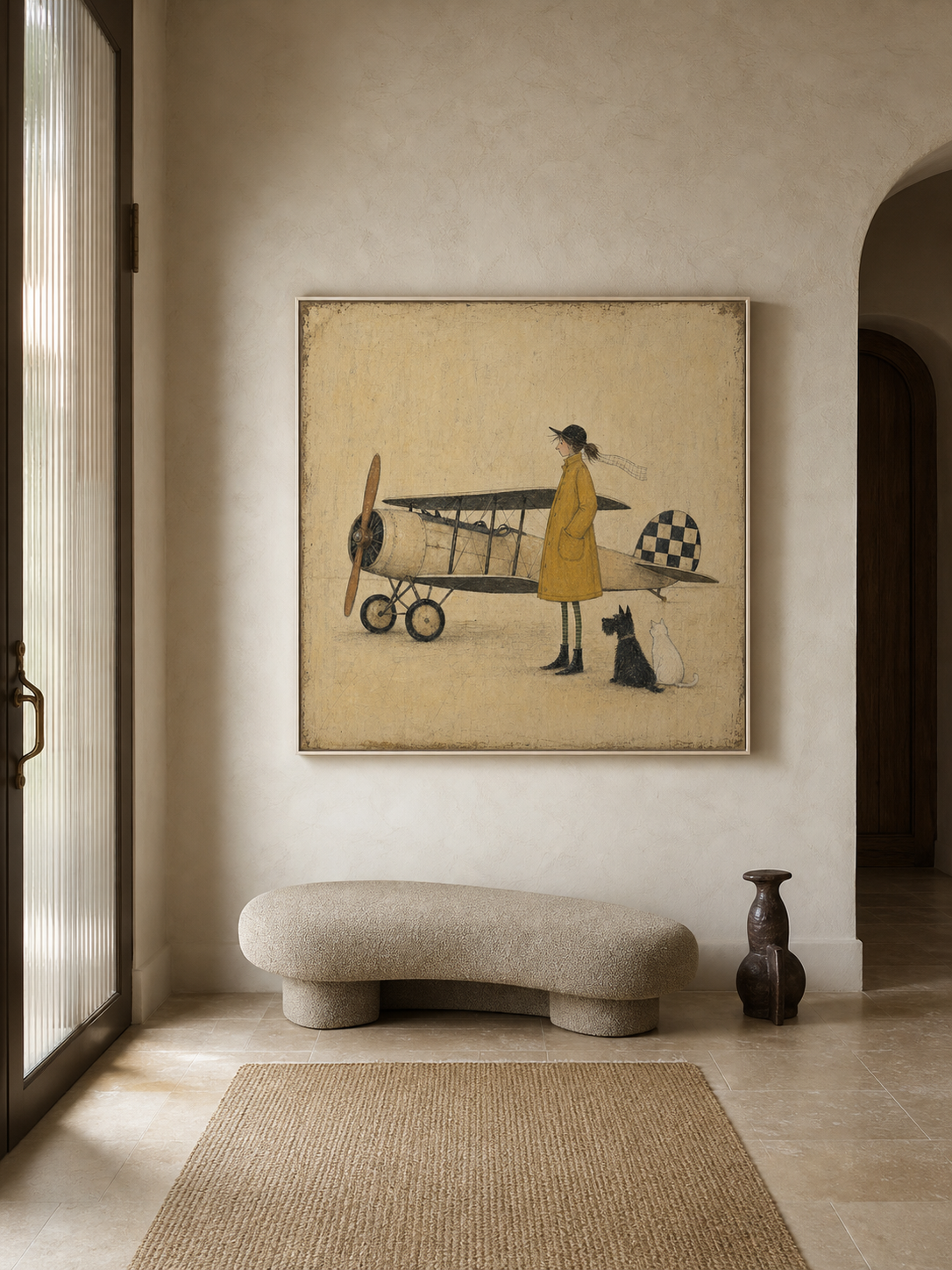 Vintage Airplane Painting With Girl And Pets Classic Aviation Art For Kids Room Decor