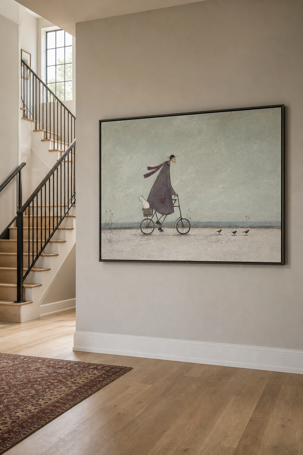 Whimsical Seaside Bicycle Canvas Art Man Ride Coastal Vintage Oil Painting