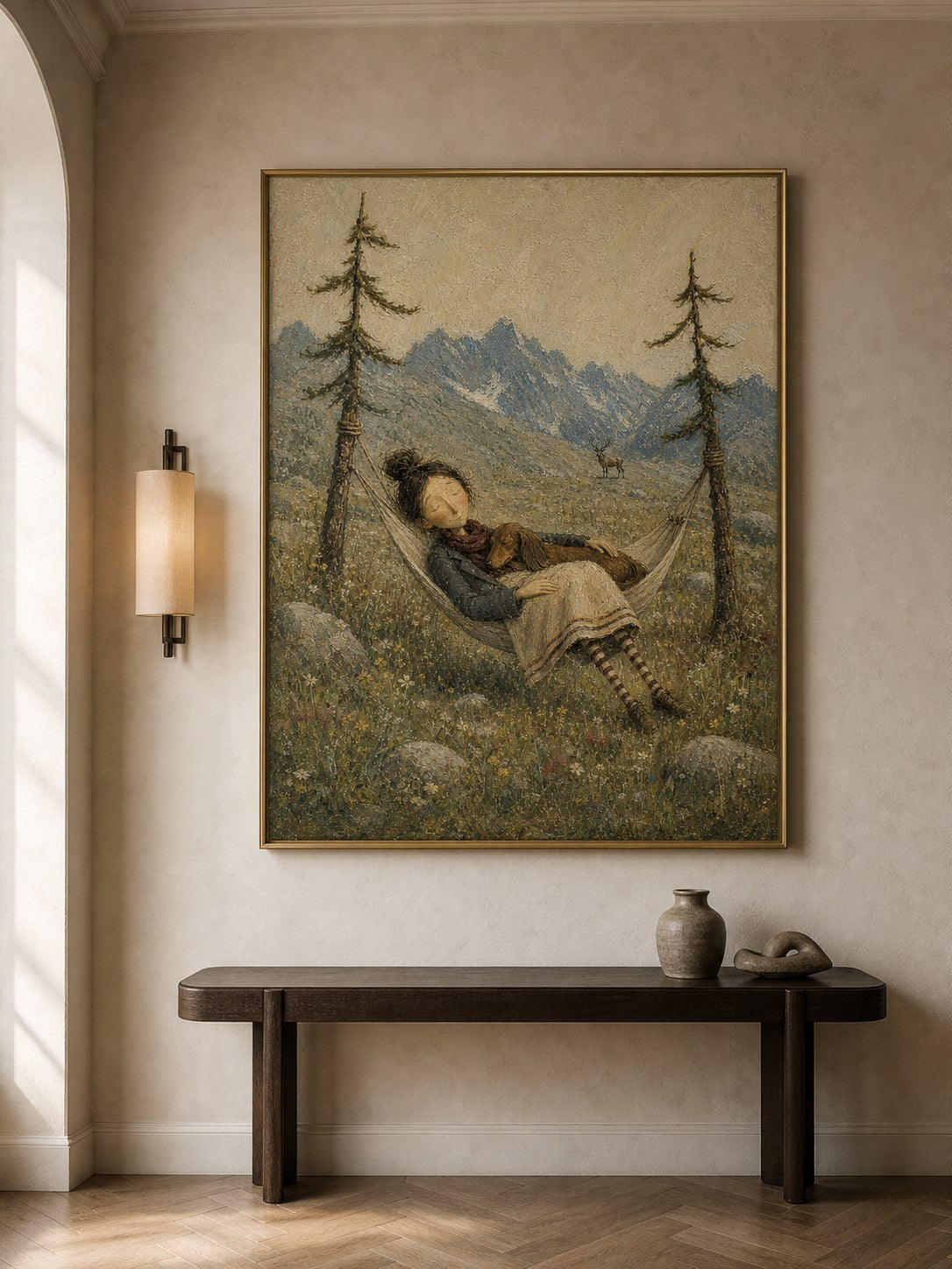Serene Mountain Landscape Oil Painting With Hammock For Peaceful Living Room Wall Art