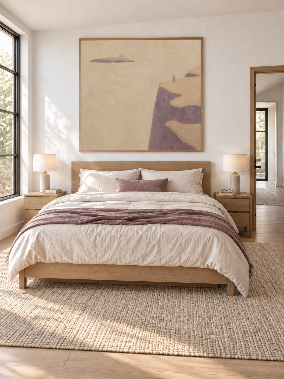 Soft Mauve Cliffside Canvas Art With Lone Figure For Romantic Bedroom Decor
