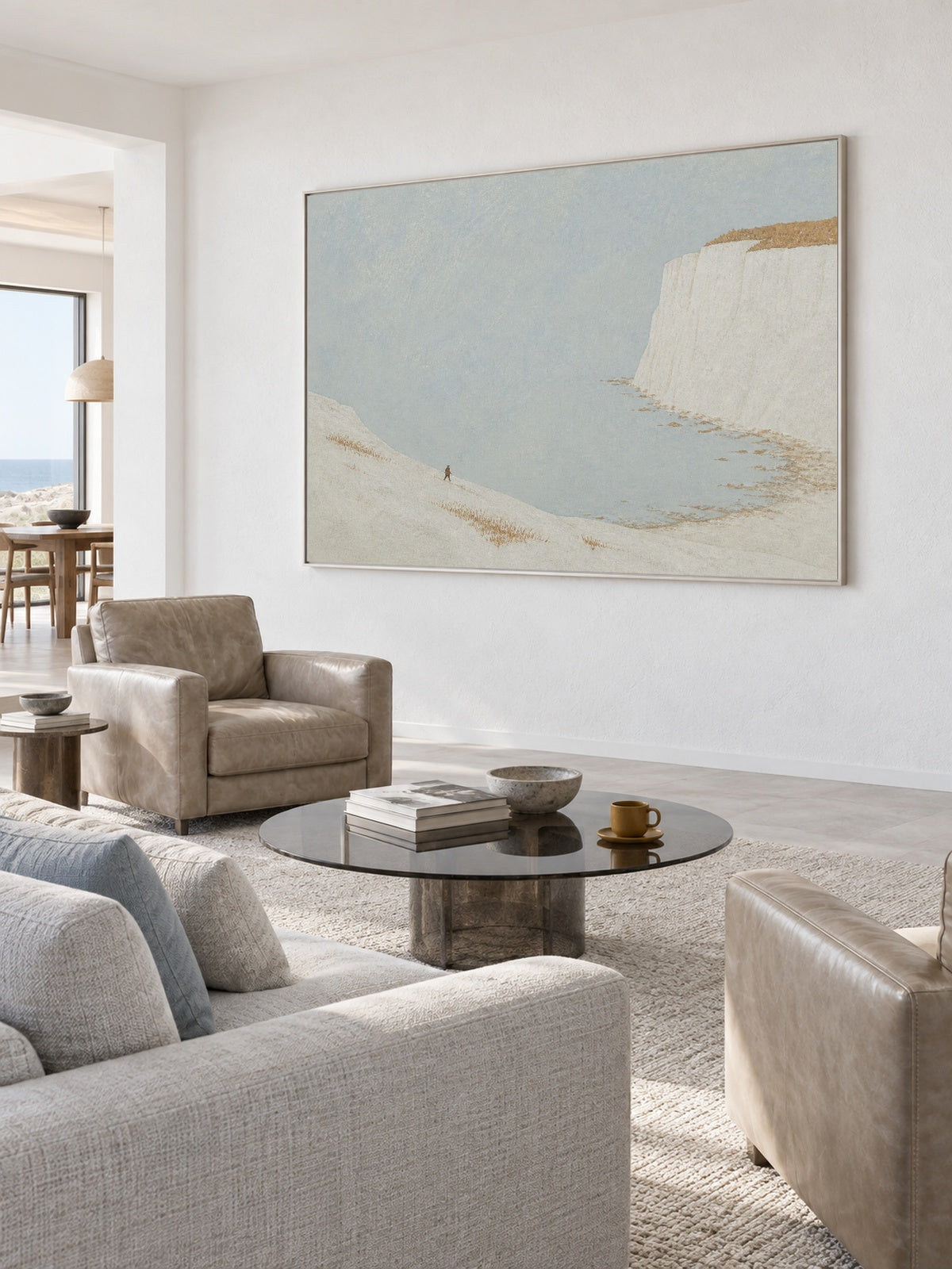 Minimalist Cliff Landscape Original Oil Painting In White And Blue
