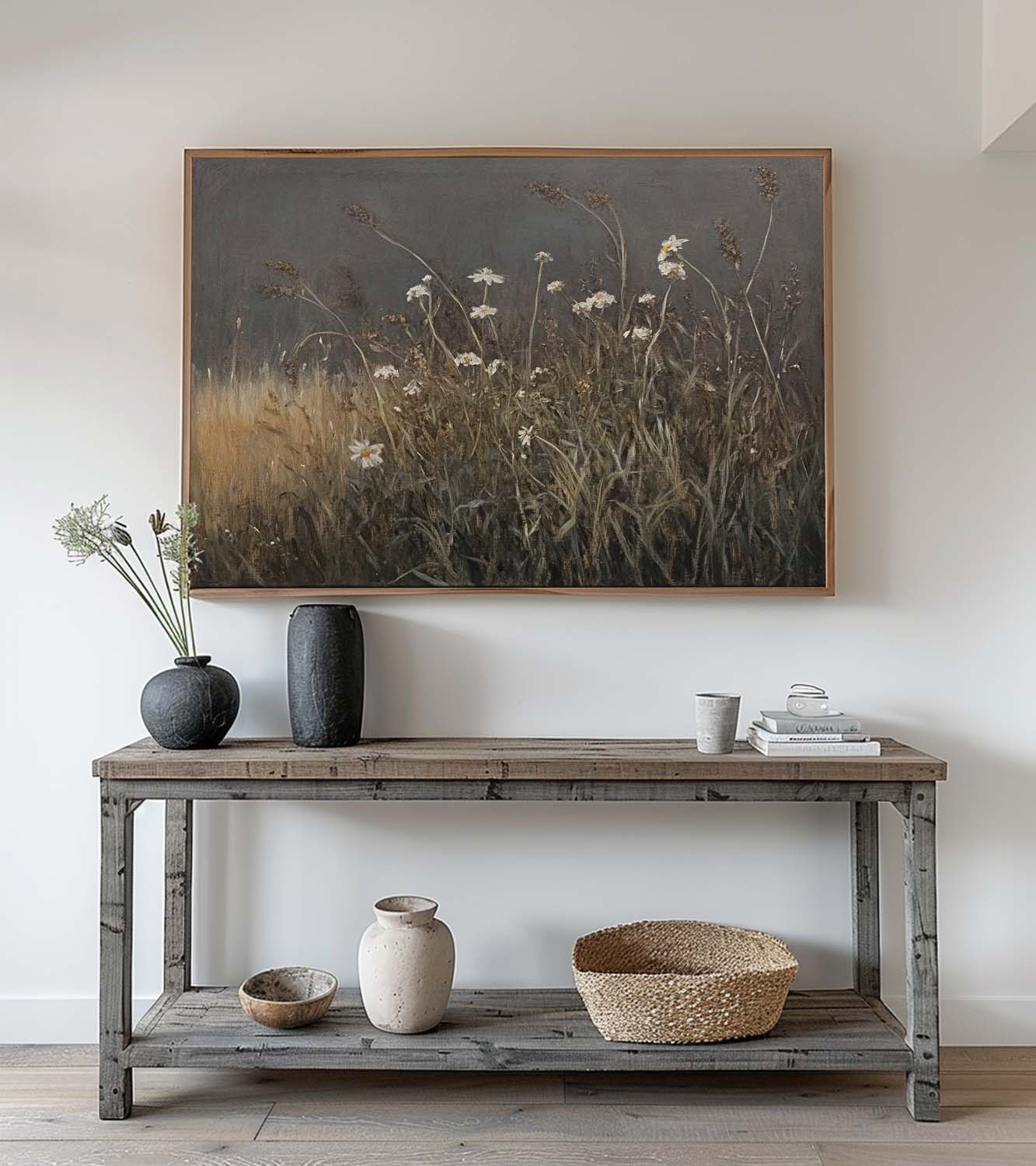 Retro Minimalist Wild Grass Oil Painting On Canvas Neutral Wild Grass Canvas Art Vintage Wabi Sabi Floral Wall Decor
