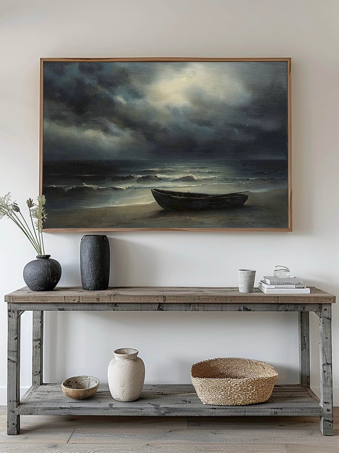 Vintage Neutral Ocean Night Painting Vintage Neutral Ocean Night Painting Retro Wabi Sabi Seaside Canvas Art