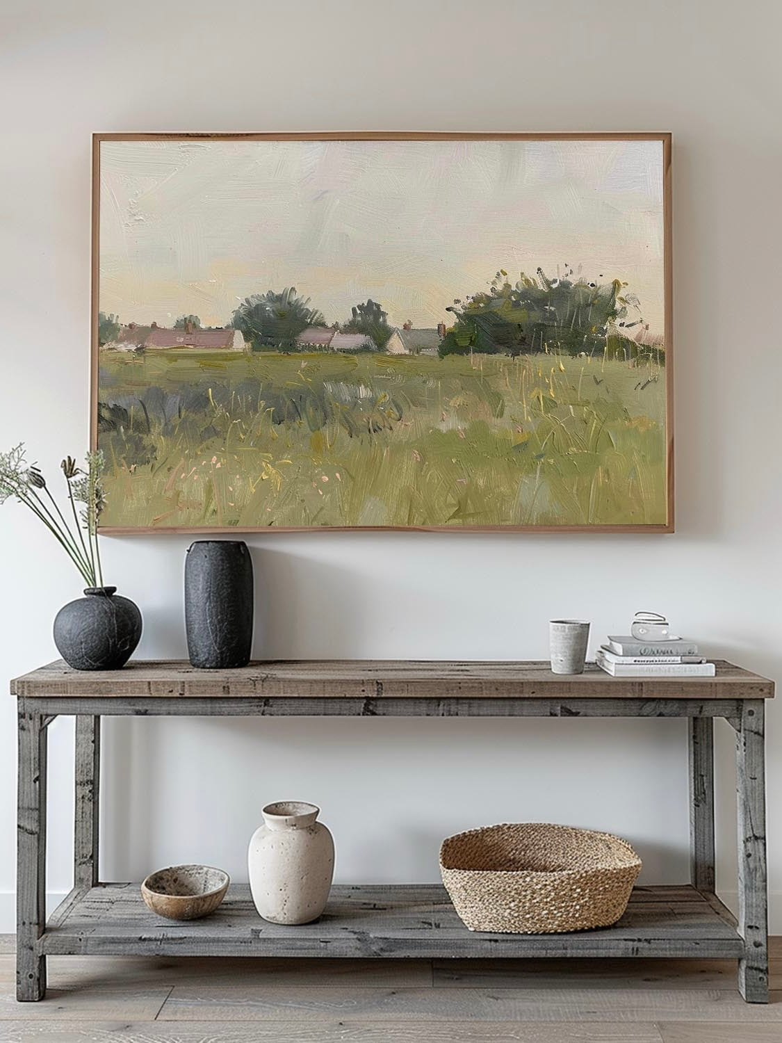 Vintage Neutral Beach Landscape Oil Painting Large Retro Coastal Wall Decor Large Retro Country Landscape Painting On Canvas