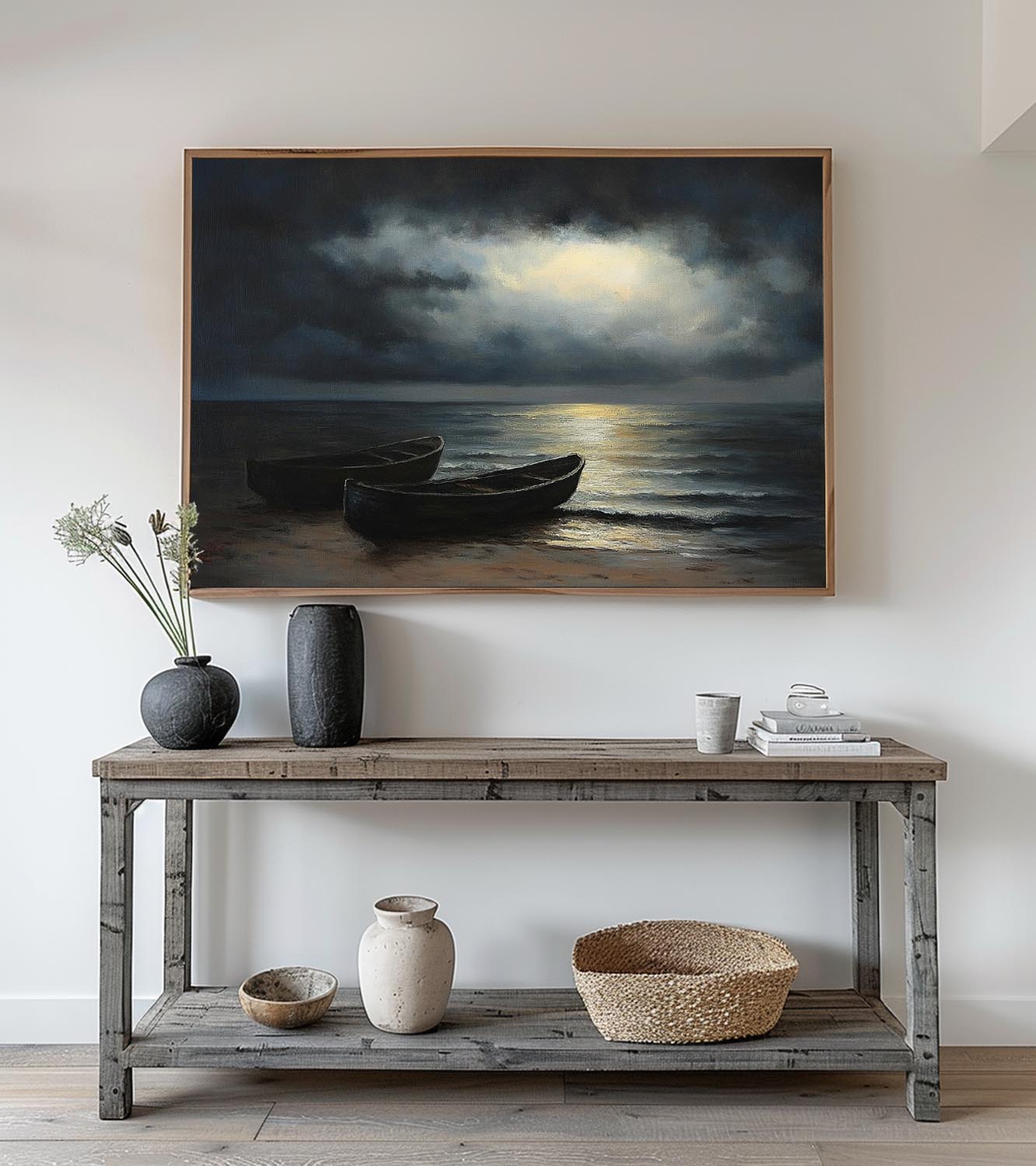 Minimalist Nighttime Seaside Oil Painting Wabi Sabi Vintage Boat At Night Painting Large Original Coastal Boat Art