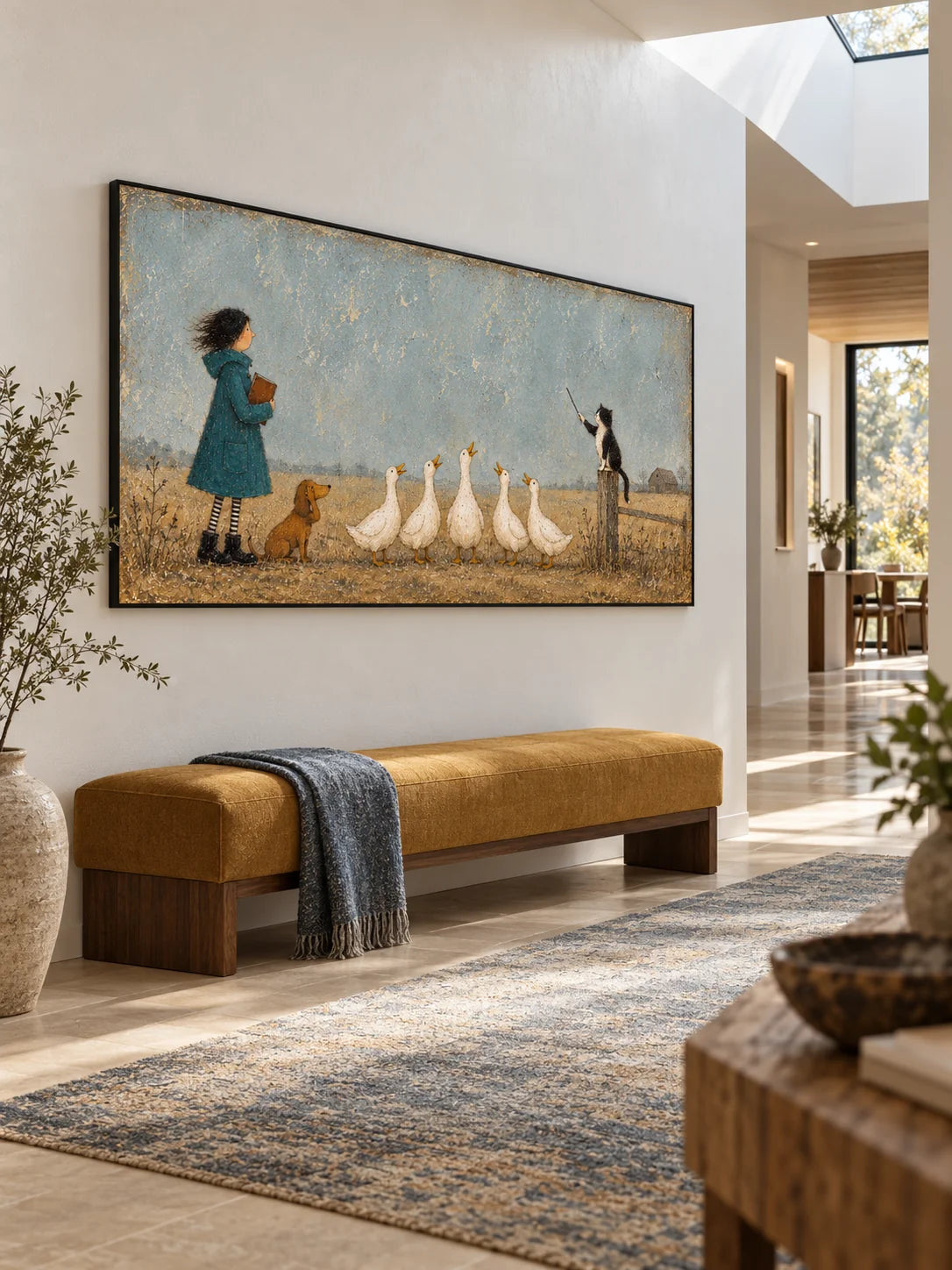 Whimsical Cat And Duck Farm Animal Canvas Painting Hand Painted Wall Art