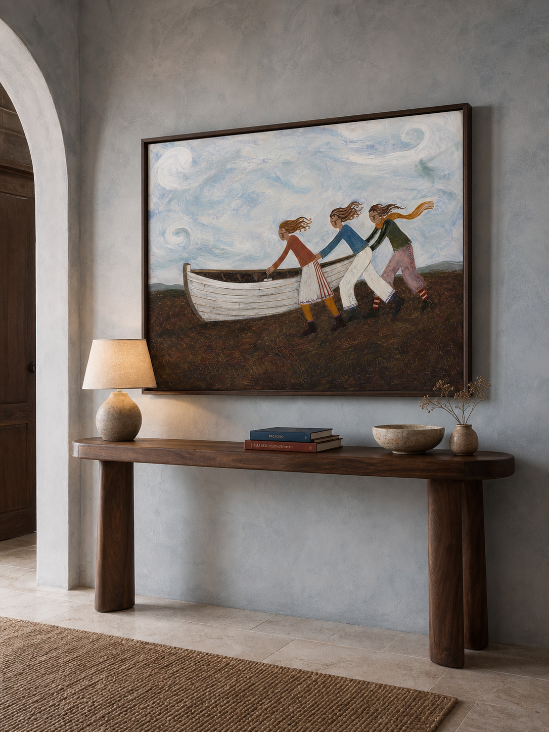 Vintage Folk Art Painting Of People Launching Boat For Coastal Home Decor