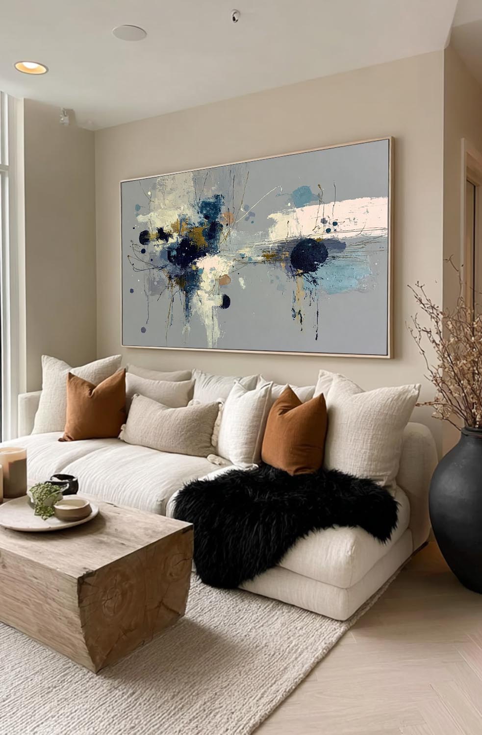 Square Abstract Floral Oil Painting Grey And Blue Minimalist Wall Art