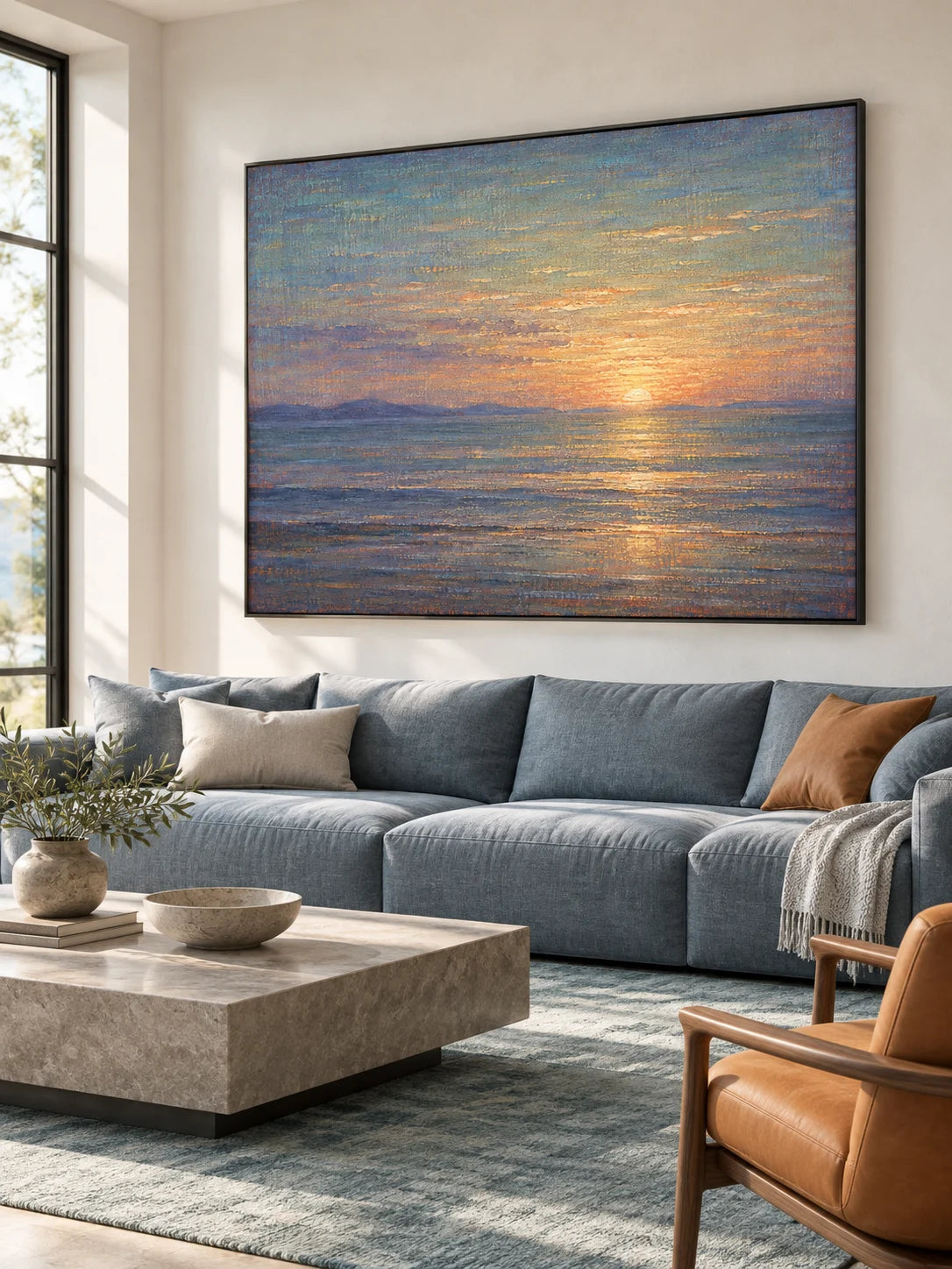 Hand-Painted Sunset Seascape Canvas Art With Golden Reflections On Blue Ocean