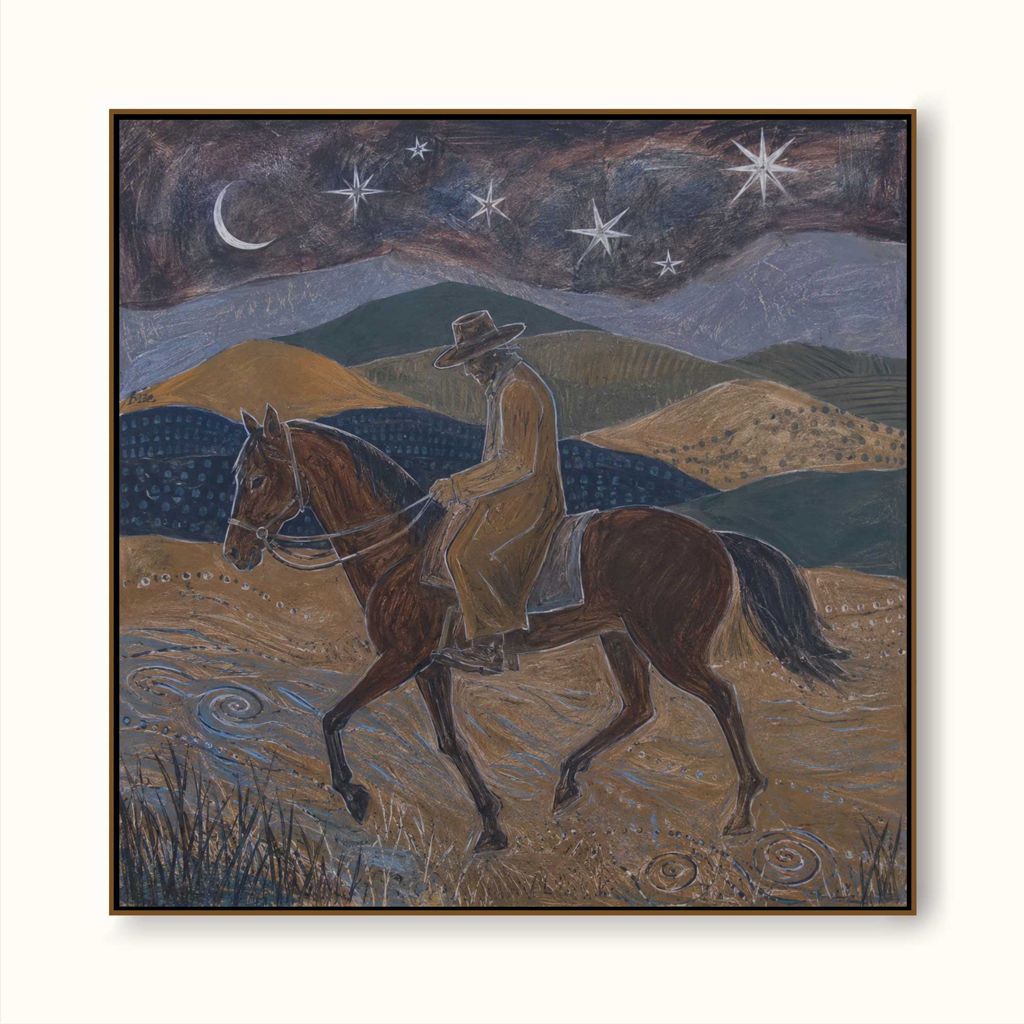 Original Western Cowboy Horse Painting With Moon And Stars For Living Room Decor